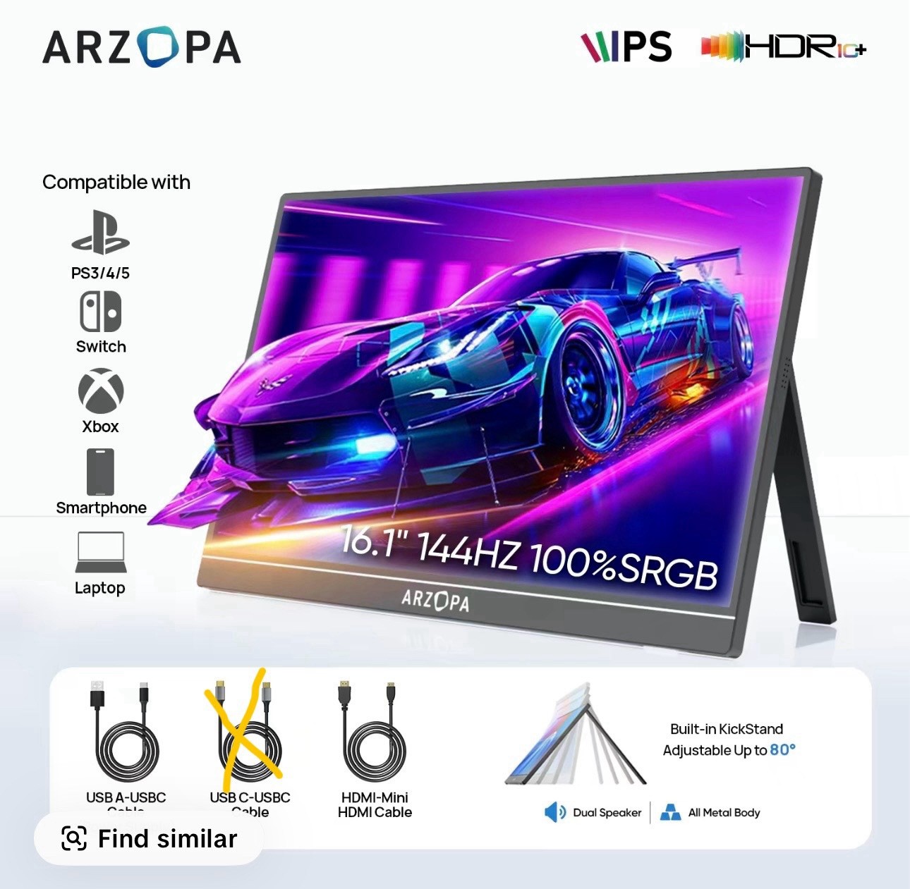 Arzopa Portable Monitor 16.1" 100% sRGB FHD 1080p with Kickstand New In Box