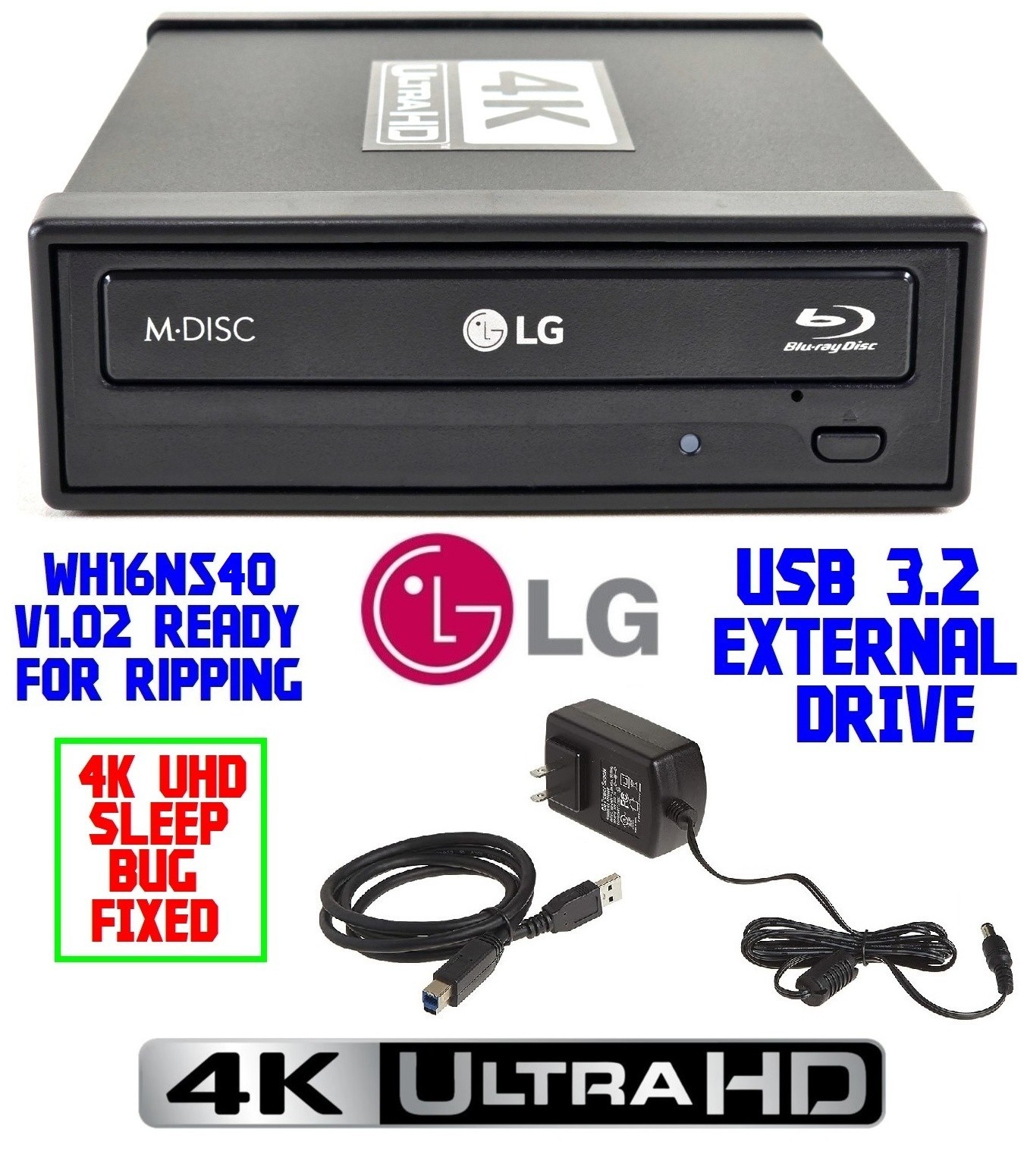 LG WH16NS40 4K UHD Blu-Ray Burner Ripper CD DVD Libre MakeMKV Ready V1.02 New