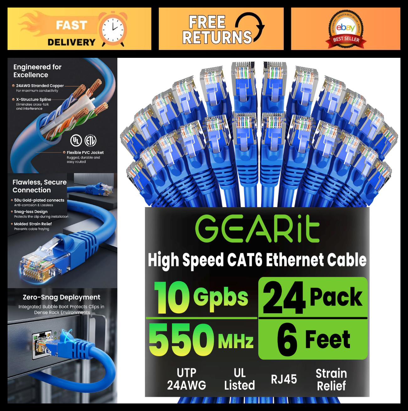High-Speed Cat6 Ethernet Cables 6ft Snagless 24-Pack, 10Gbps RJ45 for Gaming & N
