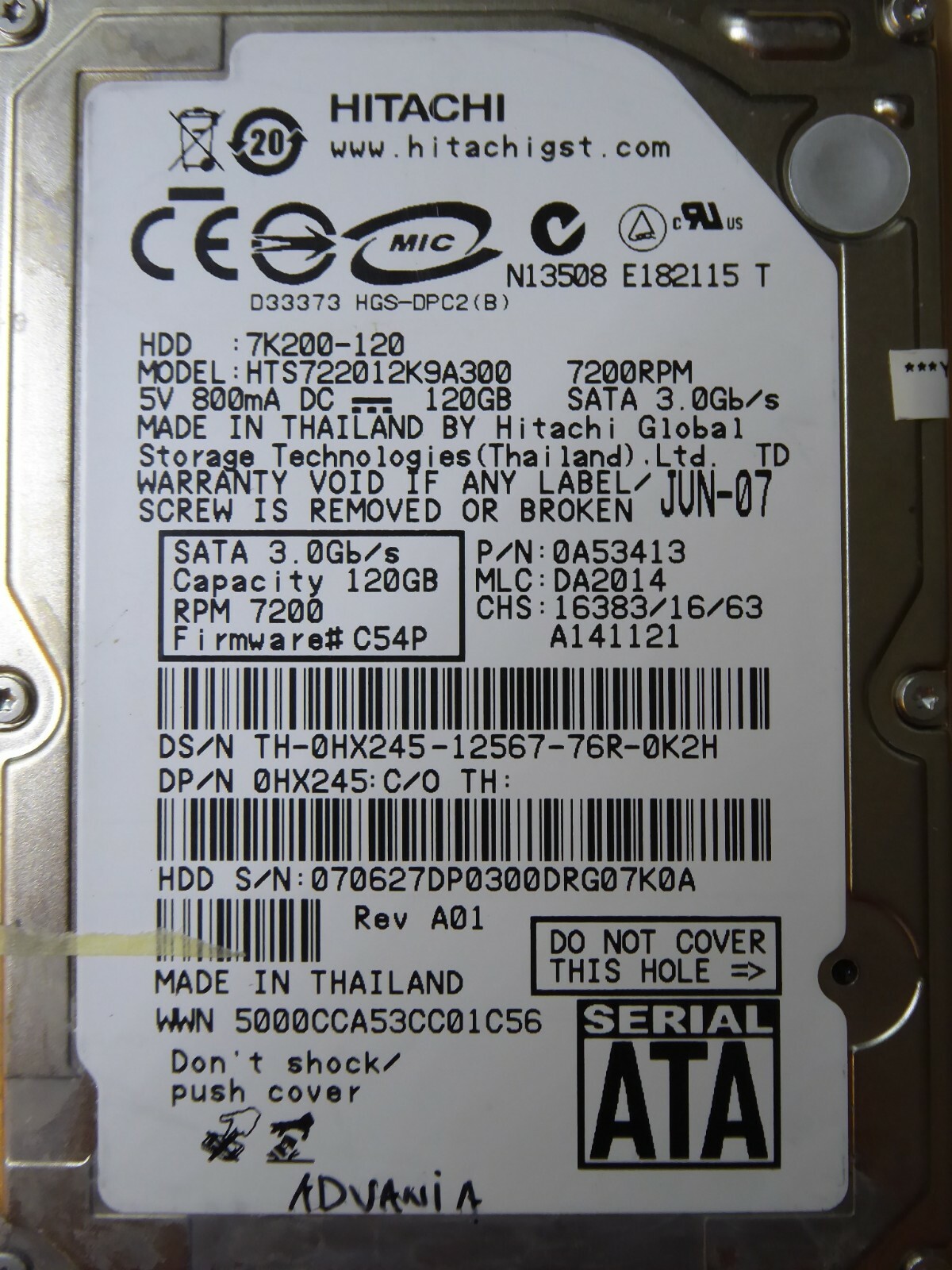 Hitachi HTS722012K9A300 | P/N: 0A53413 | MLC: DA2014 | JUN2007 | 120GB