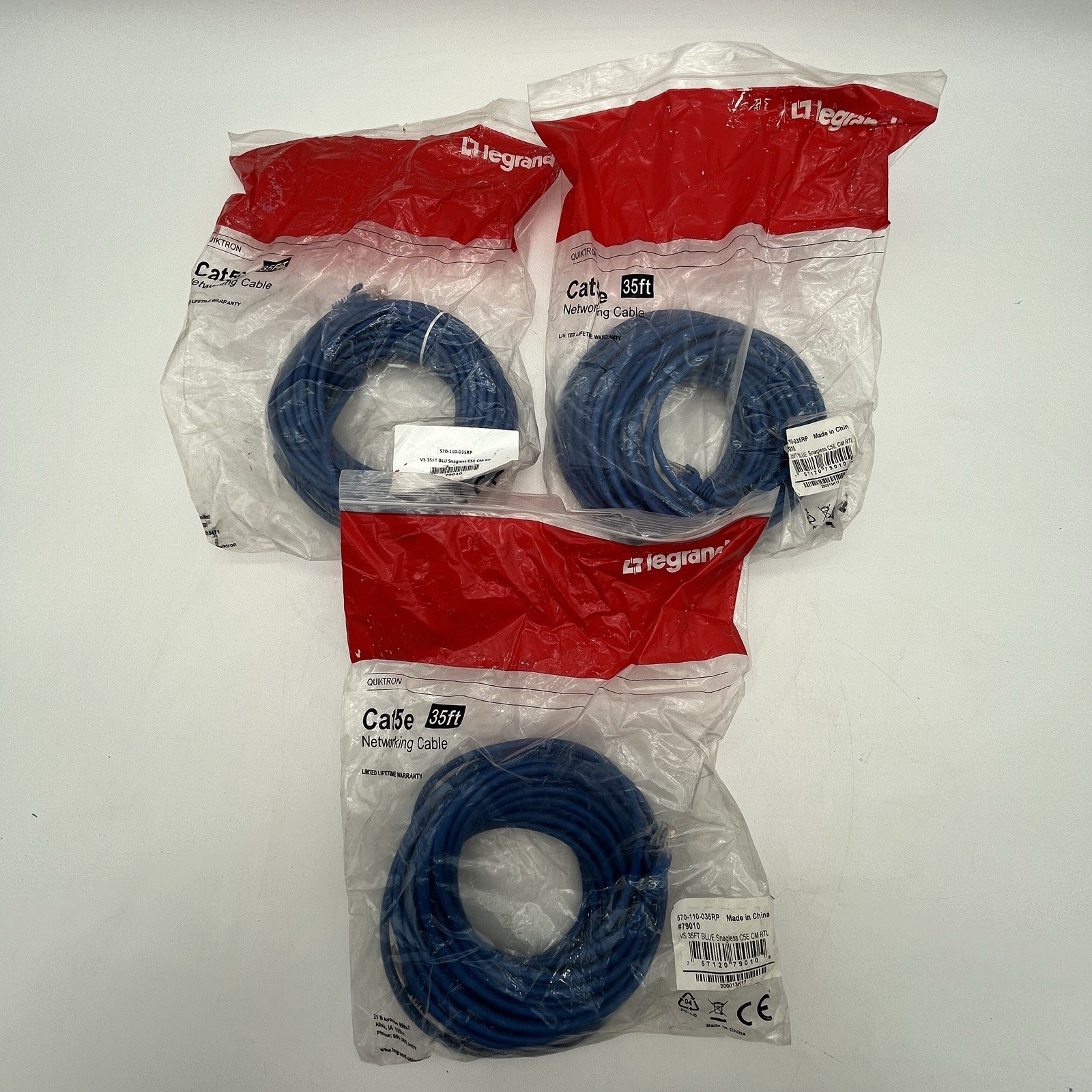 NEW 3 Pack legrand 35ft Cat5e Blue Snagless Networking Cable - 570-110-035RP