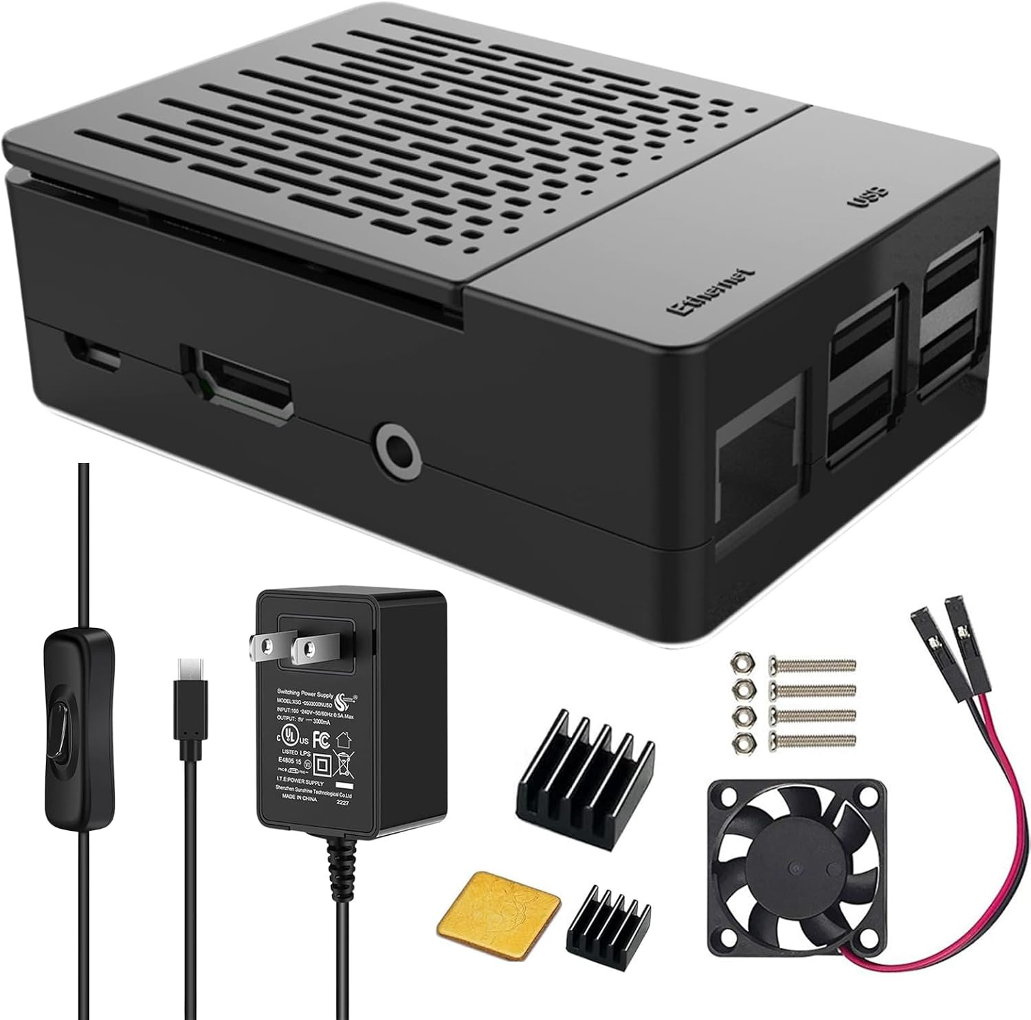 Case for Raspberry Pi 3 Kit with 3010 Quiet Fan, 3 Pcs Heatsinks, 5V 3A Micro US