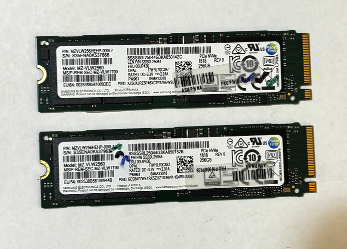 Samsung 256GB M.2 PM961 NVMe PCIe Laptop SSD Drive MZ-VLW2560 *LOT OF 2*