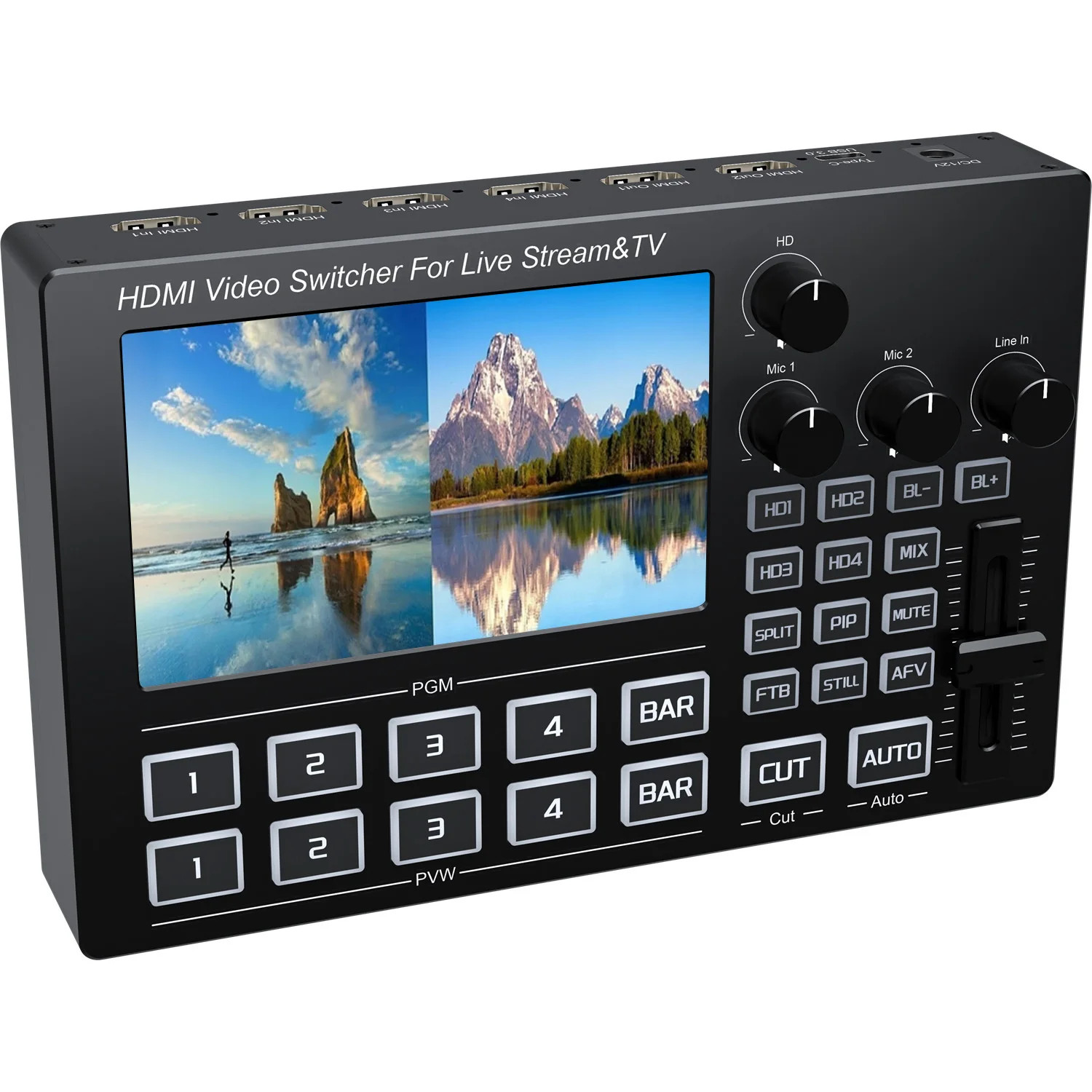 1080p 4 Channel HDMI Video Mixer Switcher with Screen for Live Streaming Record