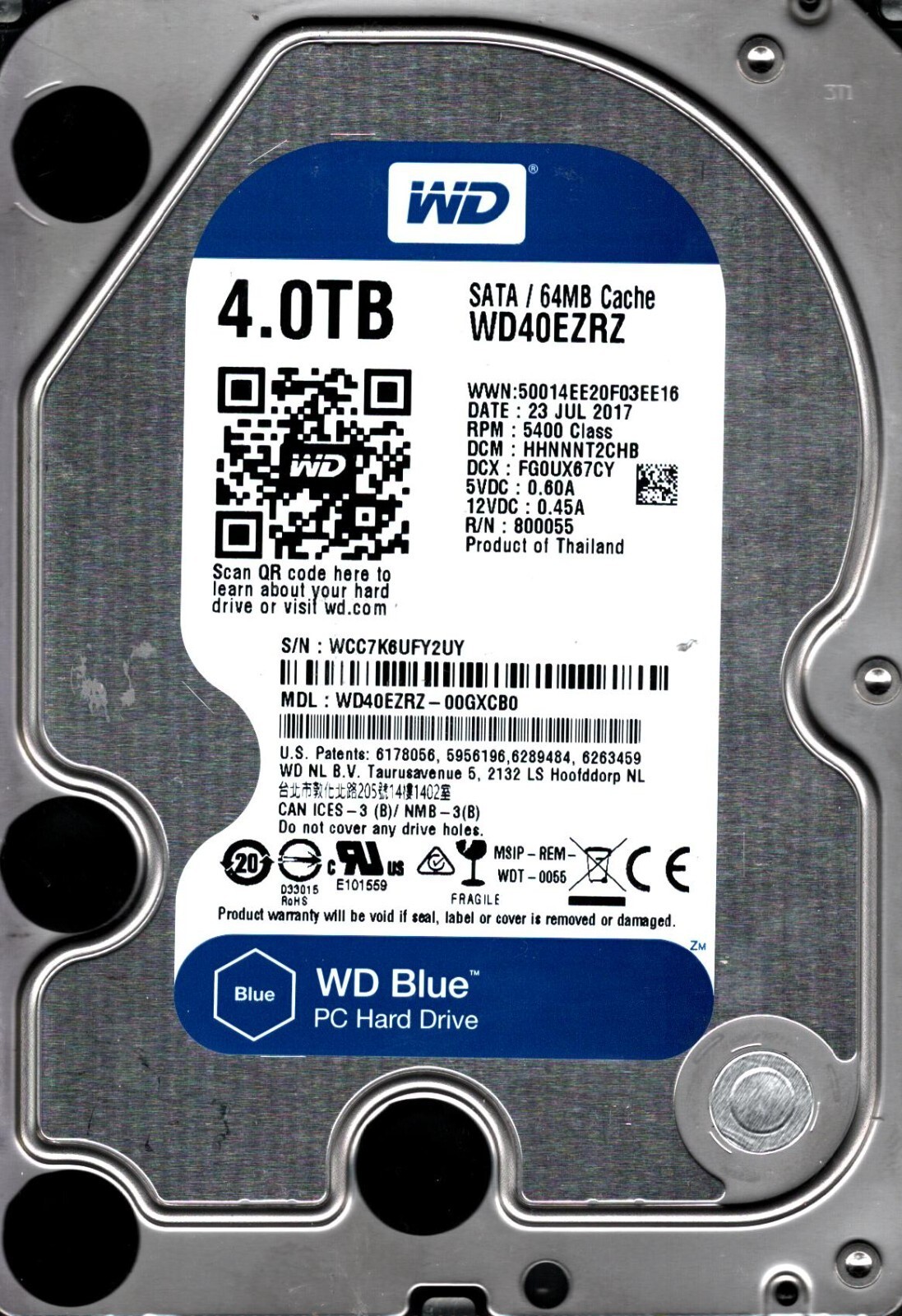 WD40EZRZ-00GXCB0 S/N:WCC7K DCM: HHNNNT2CHB 4TB WESTERN DIGITAL THAILAND JUL 2017