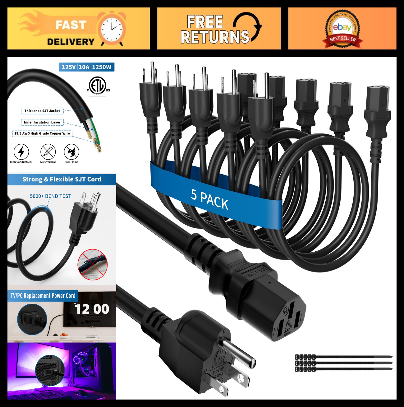Universal 6ft Power Cord 5-Pack, 3-Prong AC Cable for Monitor, PC, Treadmill, Pr