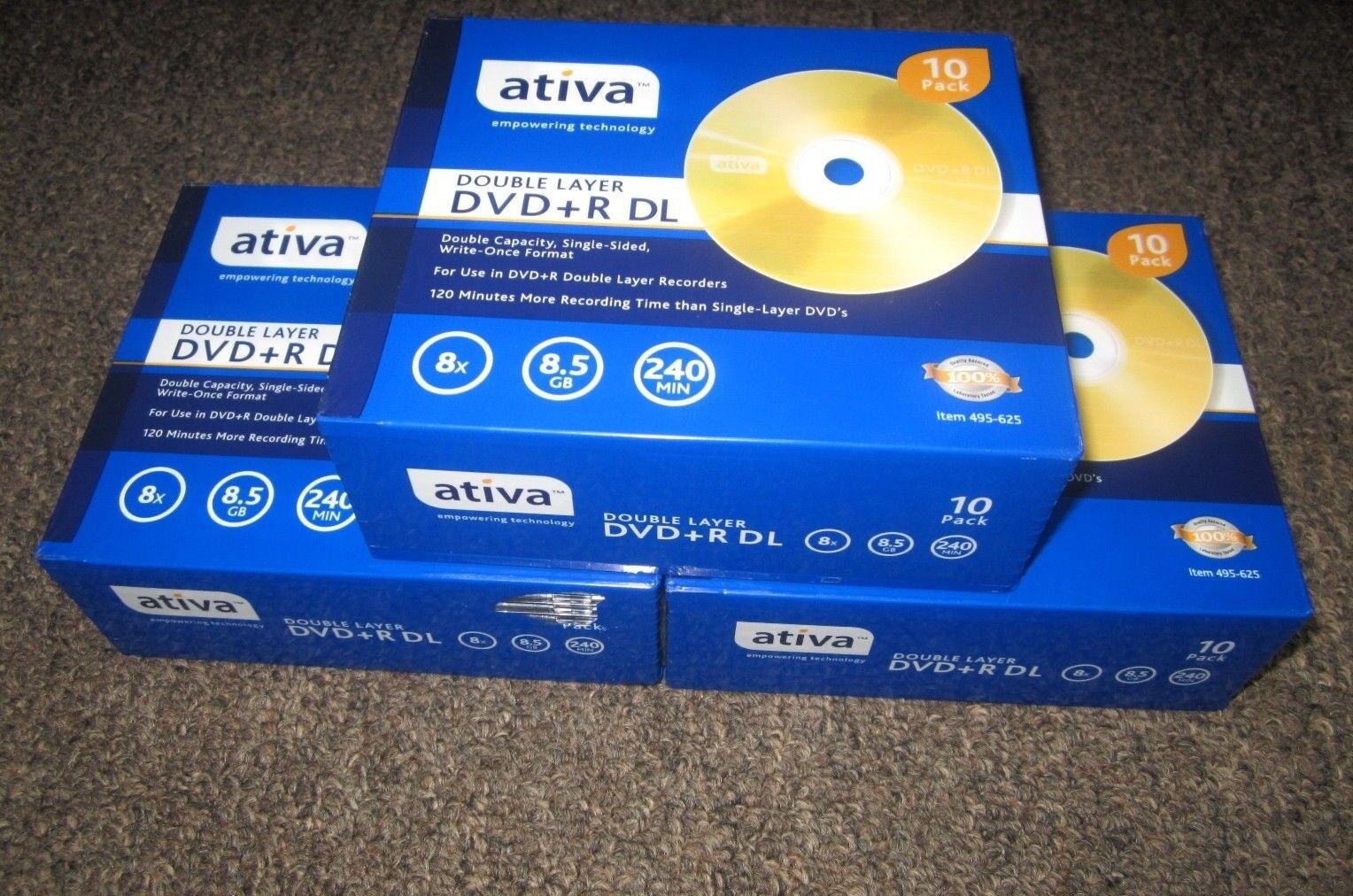 LOT OF 3 x New ativa DOUBLE LAYER DVD+R DL 10 Pack 8x 8.5GB 240 MIN