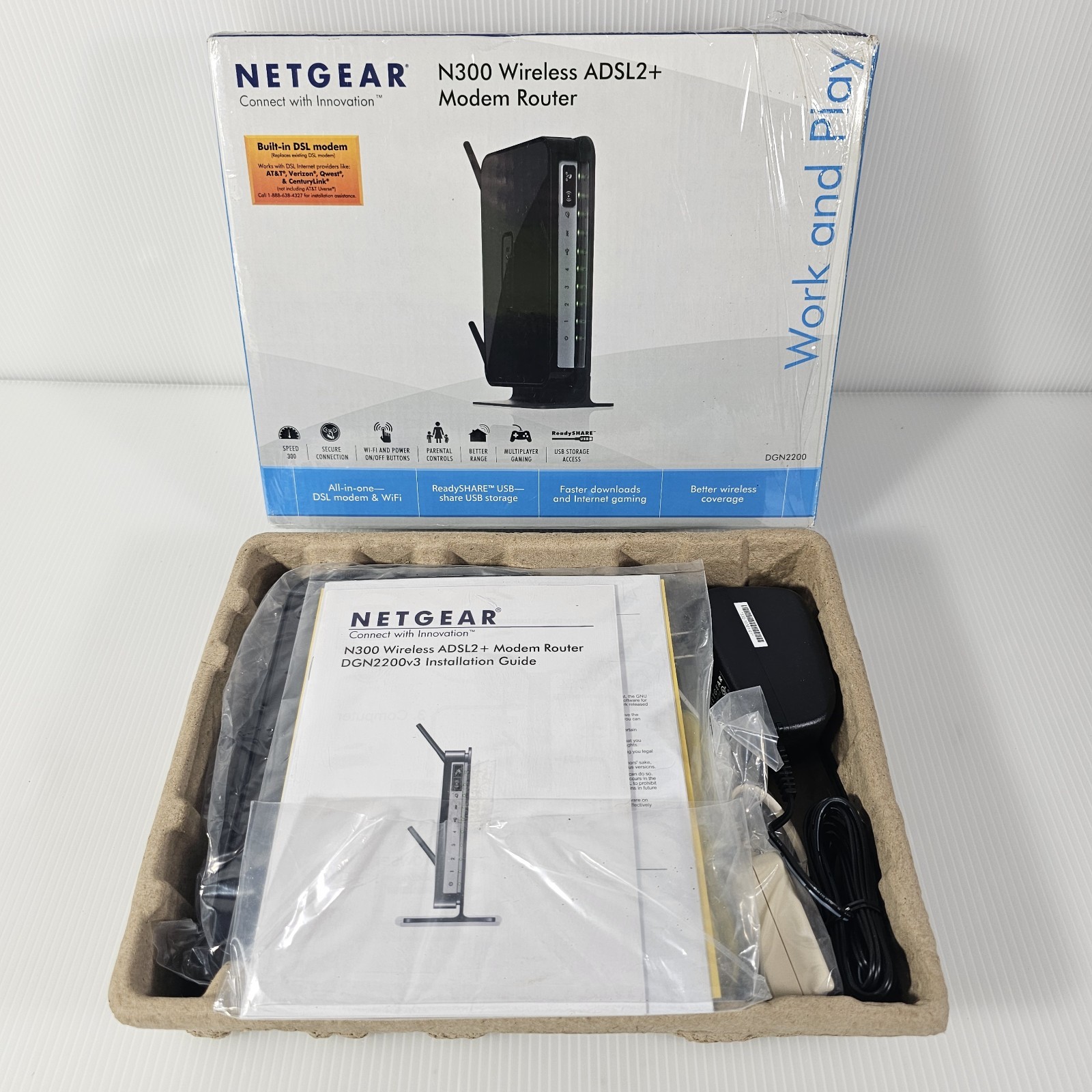 New NETGEAR DGN2200, N300 Wireless ADSL2+ Modem Router
