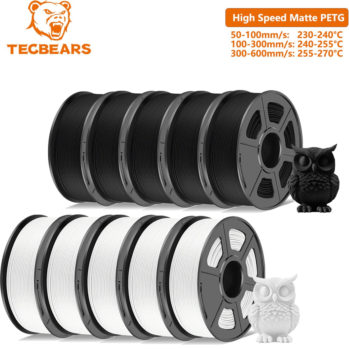 TECBEARS 10KG PETG High Speed Matte 600mm/s 3D Printer Filament Black&White