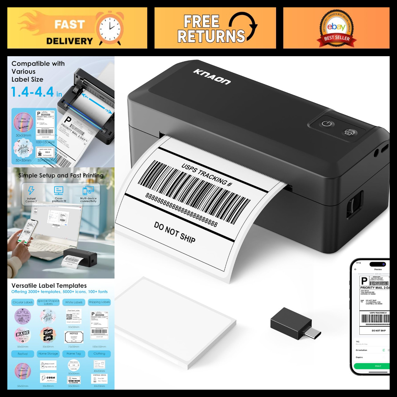 Portable 4x6 Shipping Thermal Label Printer - High-Speed, Compact & Efficient