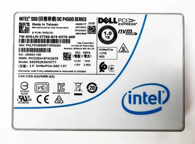 V51JV Dell Intel DC P4500 Series 1TB NVME/PCIe 2.5'' SSD 0V51JV SSDPE2KX010T7T