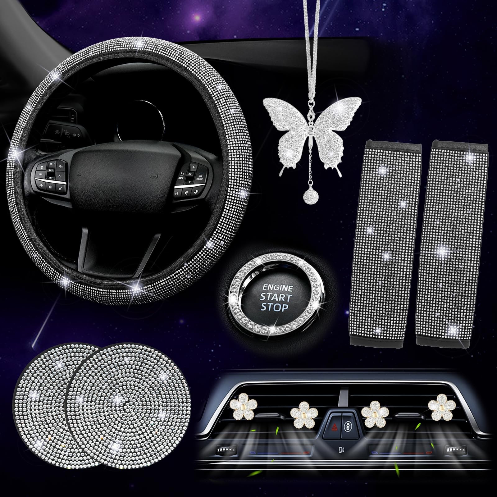 ARTILAURA 11PCS Bling Car Accessories Set For Women Steering Cover AR-A0007-W