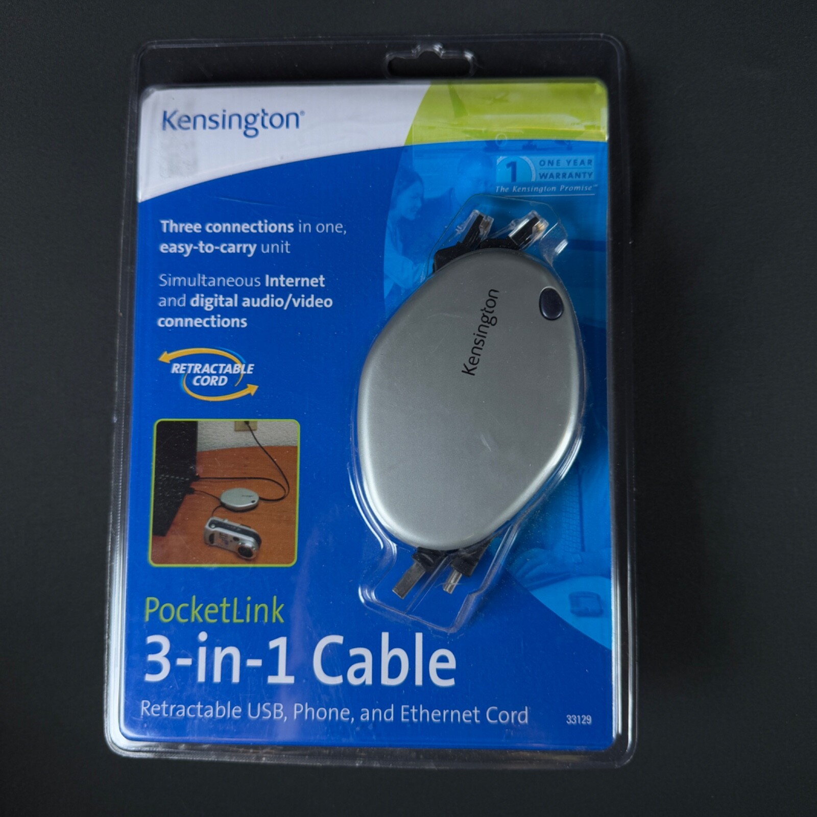Kensington PocketLink 3-in-1 Ethernet/Phone/USB Cable for Mac or PC (33129) NEW