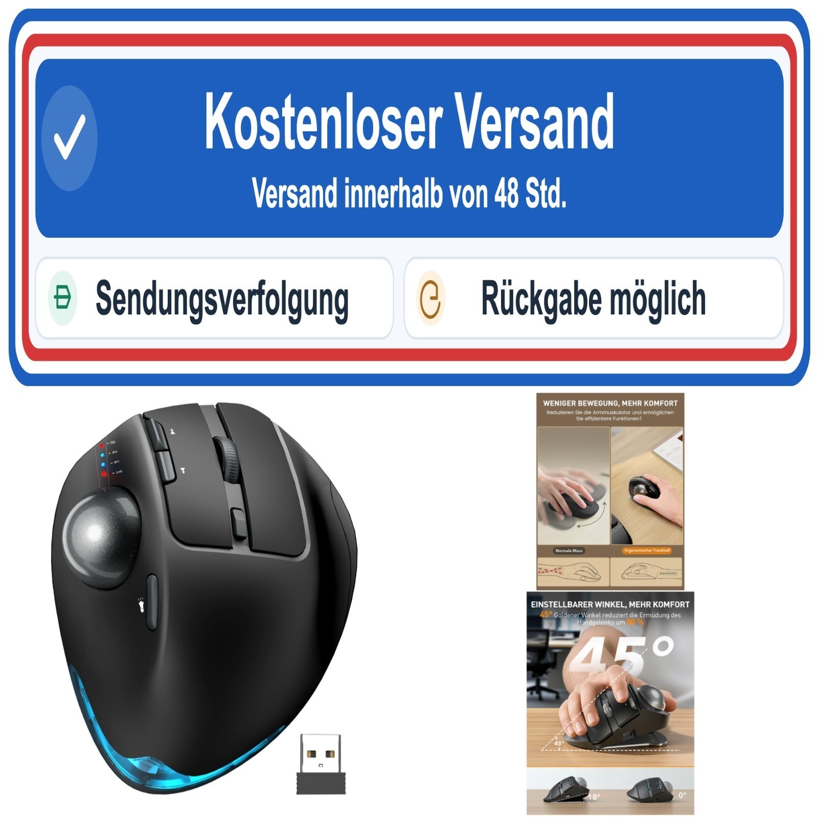 Sablute MAM1 Pro Trackball Mouse Wireless Bluetooth USB RGB Ergonomic