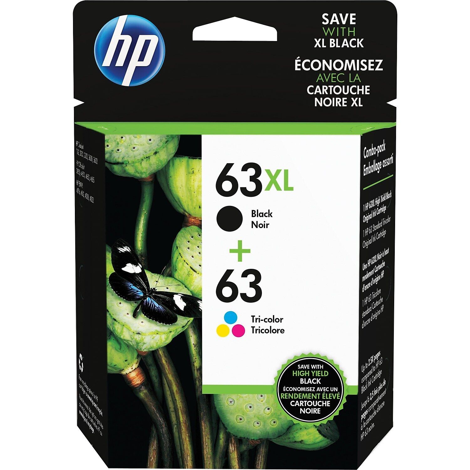HP 63XL Black High-Yield & 63 Tri-Color Ink Cartridges 2-Pack (L0R48AN) 1612062