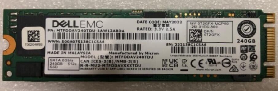 DELL EMC 240GB SATA M.2 6GB/S SOLID STATE DRIVE 0T2GFX / T2GFX.
