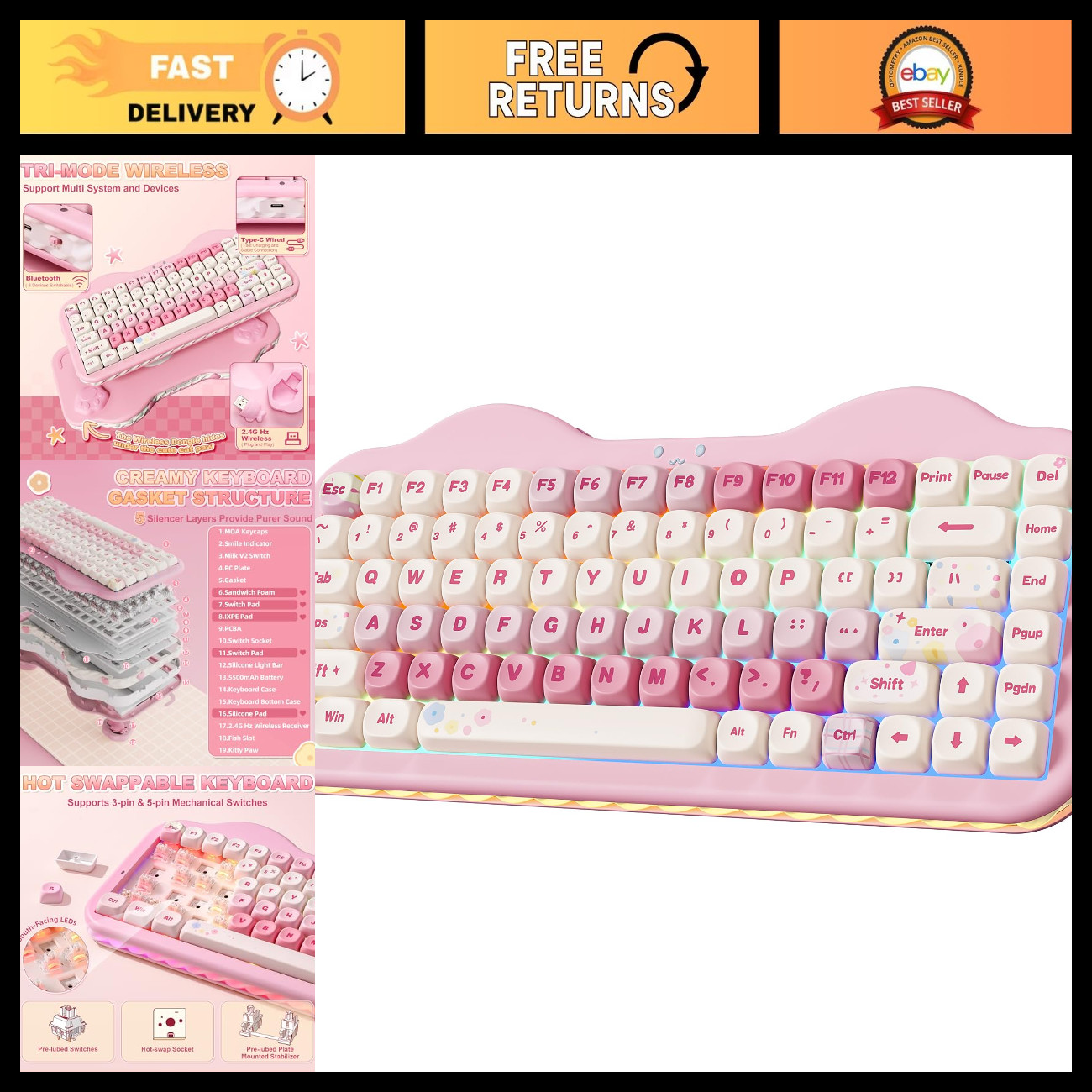 Cute 75% Wireless Mechanical Keyboard - Pink Color, Milk Switch, Compact Design