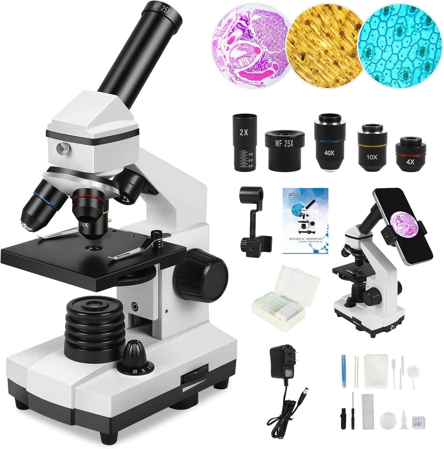 Microscopio con kit de portaobjetos para estudiantes laboratorio escolar en casa