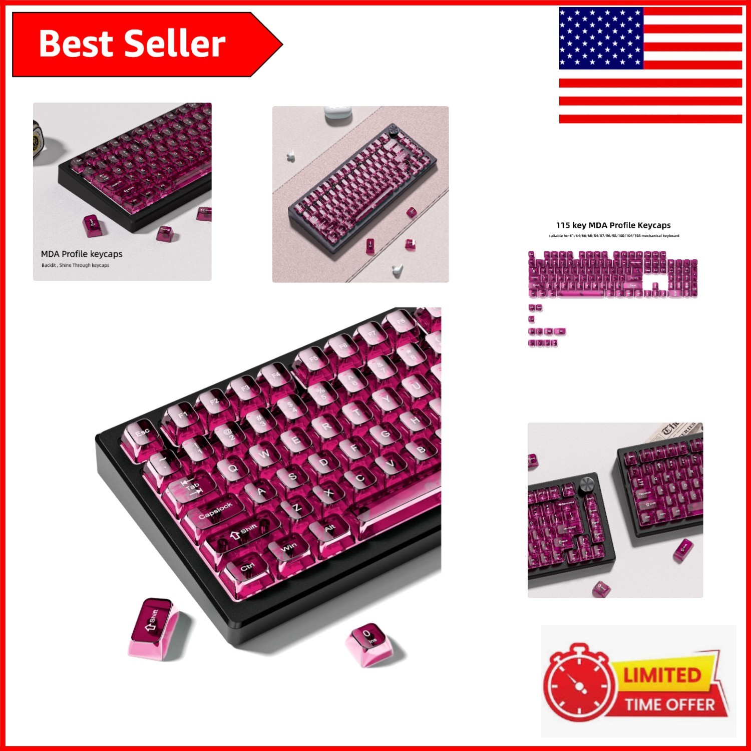 115-Key Clear Jelly Keycaps Set for Mechanical Keyboards - Durable MDA Profile
