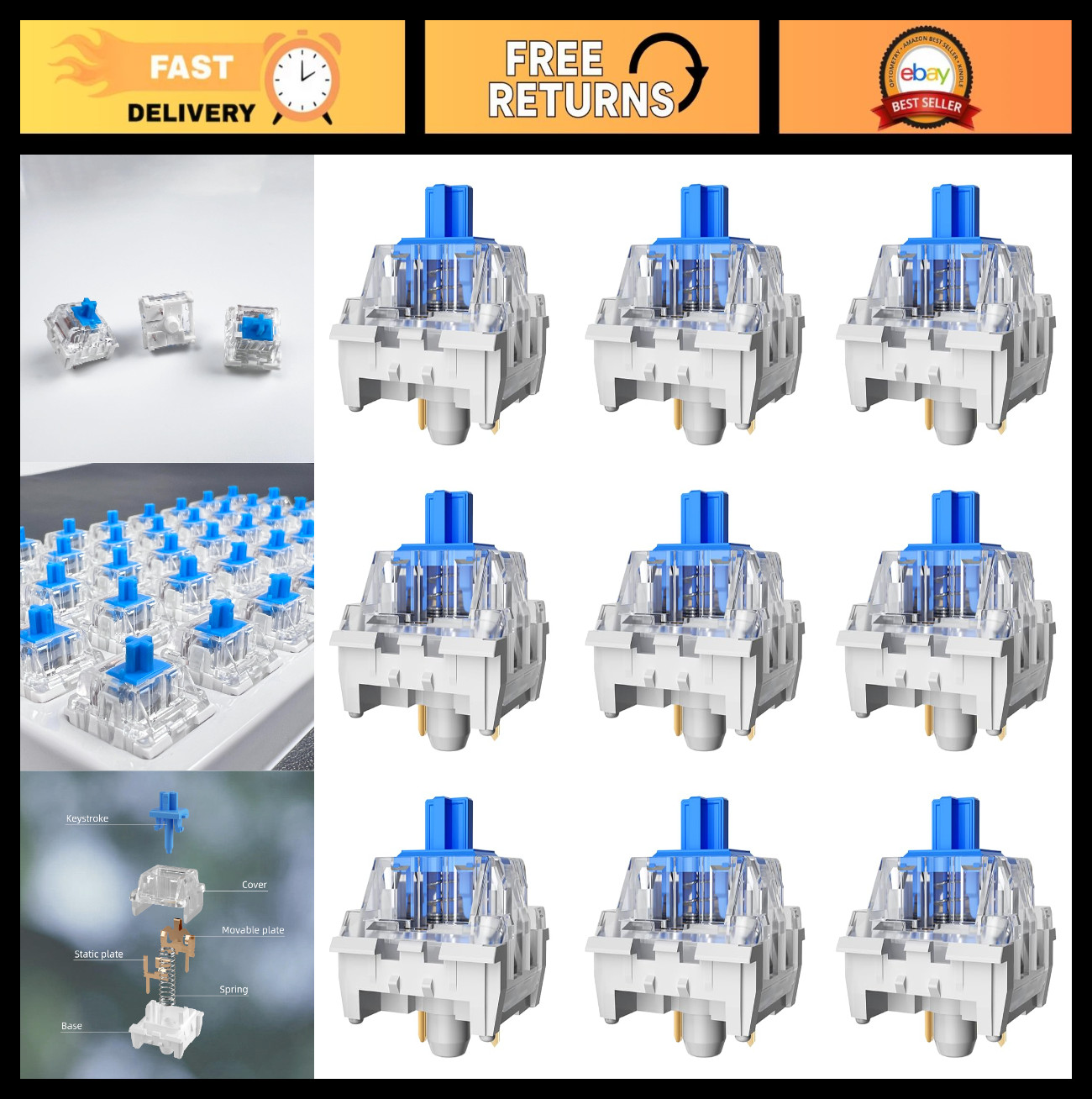 72PCS Blue Mechanical Keyboard Switches - 3 Pin, Dustproof, Clicky for Gaming &