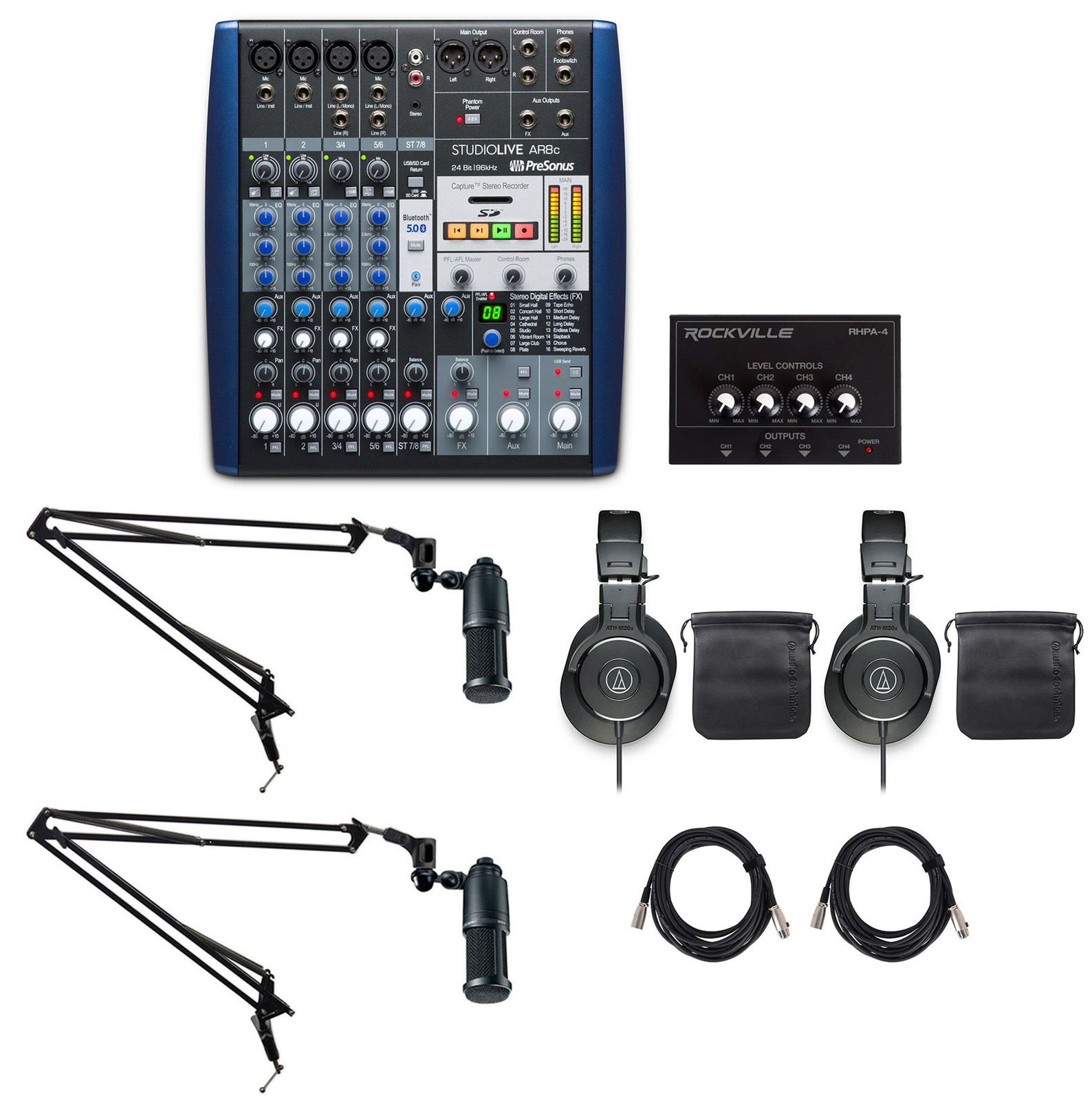Presonus+Audio Technica Podcast Studio Bundle w/Mixer+(2) Mics+Headphones+Booms