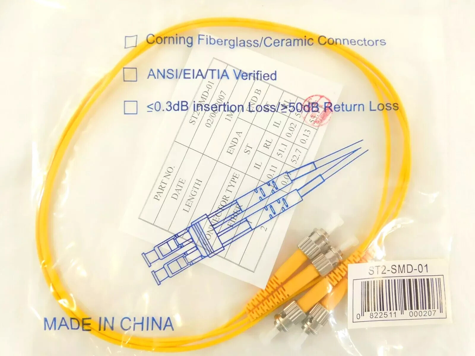 ST ST Fiber Patch Cord ST2-SMD-01 CP Tech Duplex SM 9/125 - 1 Meter - LOT OF 10