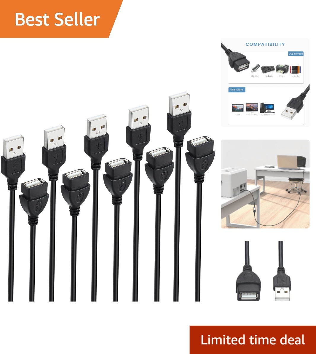Bulk 5-Pack USB 2.0 Extender Cables - 5FT, Fast Data Transfer, Multiple Devices