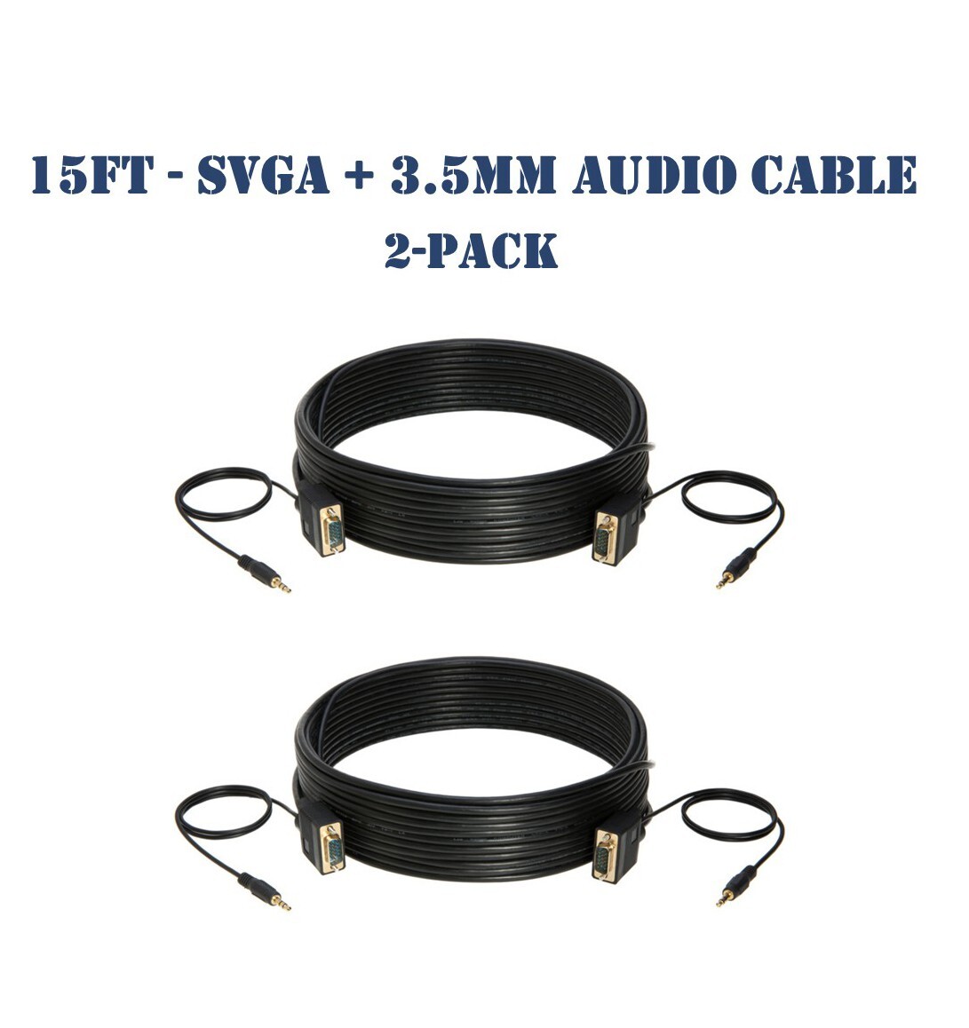 15FT SVGA Video Cable + 3.5mm Audio Aux Jack M/M PC Display Monitor Cord- 2-Pack