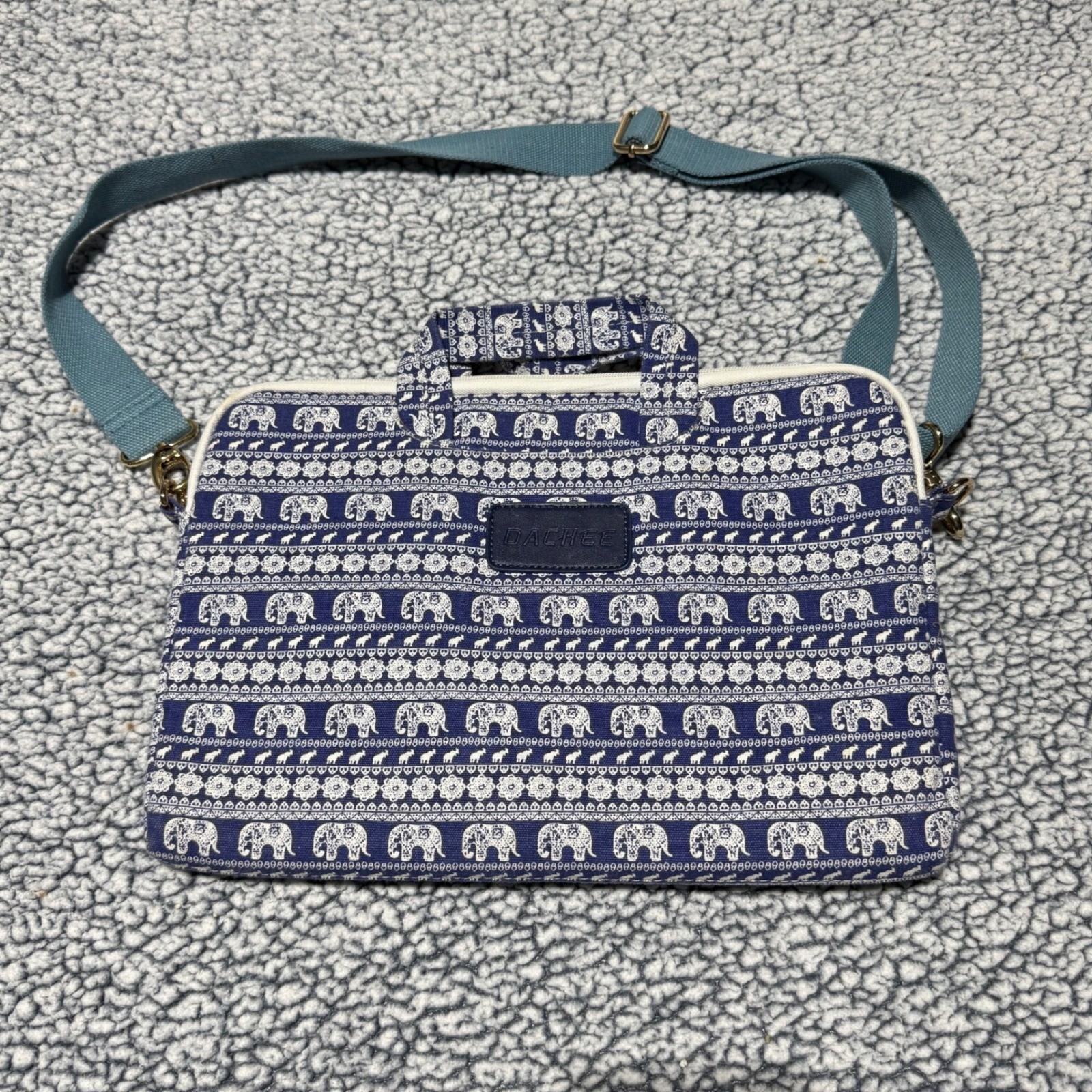 Dachee Blue Elephant Print Laptop Messenger Bag Canvas Padded Sleeve Case