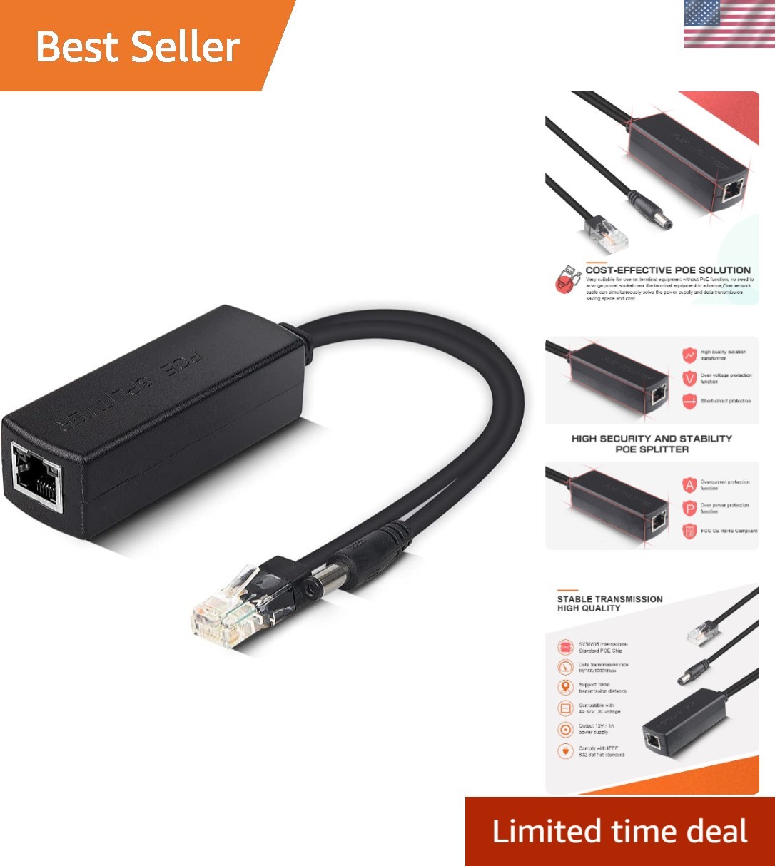 Plug and Play Gigabit PoE Splitter with Overvoltage Protection and 12V Output