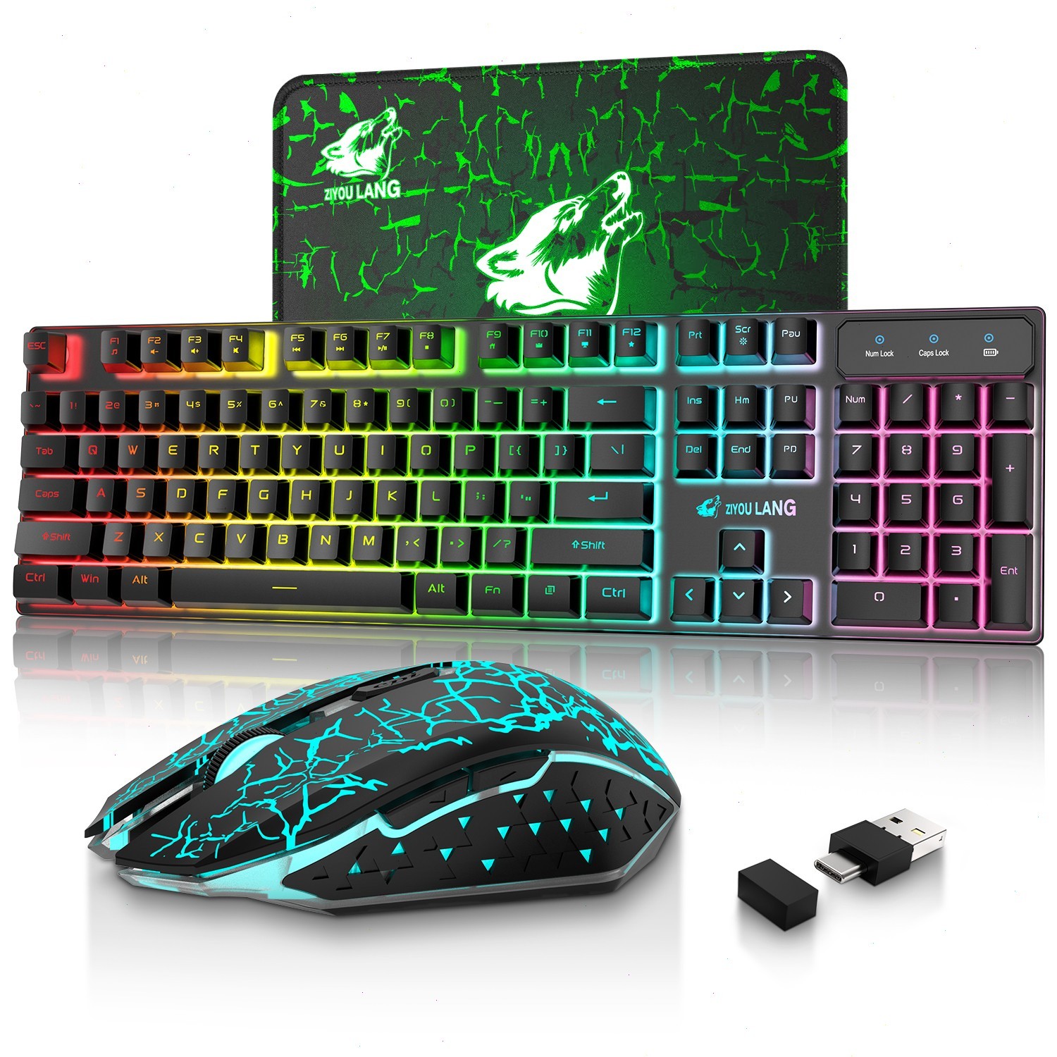 Free Wolf T3 Wireless Rechargeable Keyboard Mouse Combo, RGB Backlit Gaming