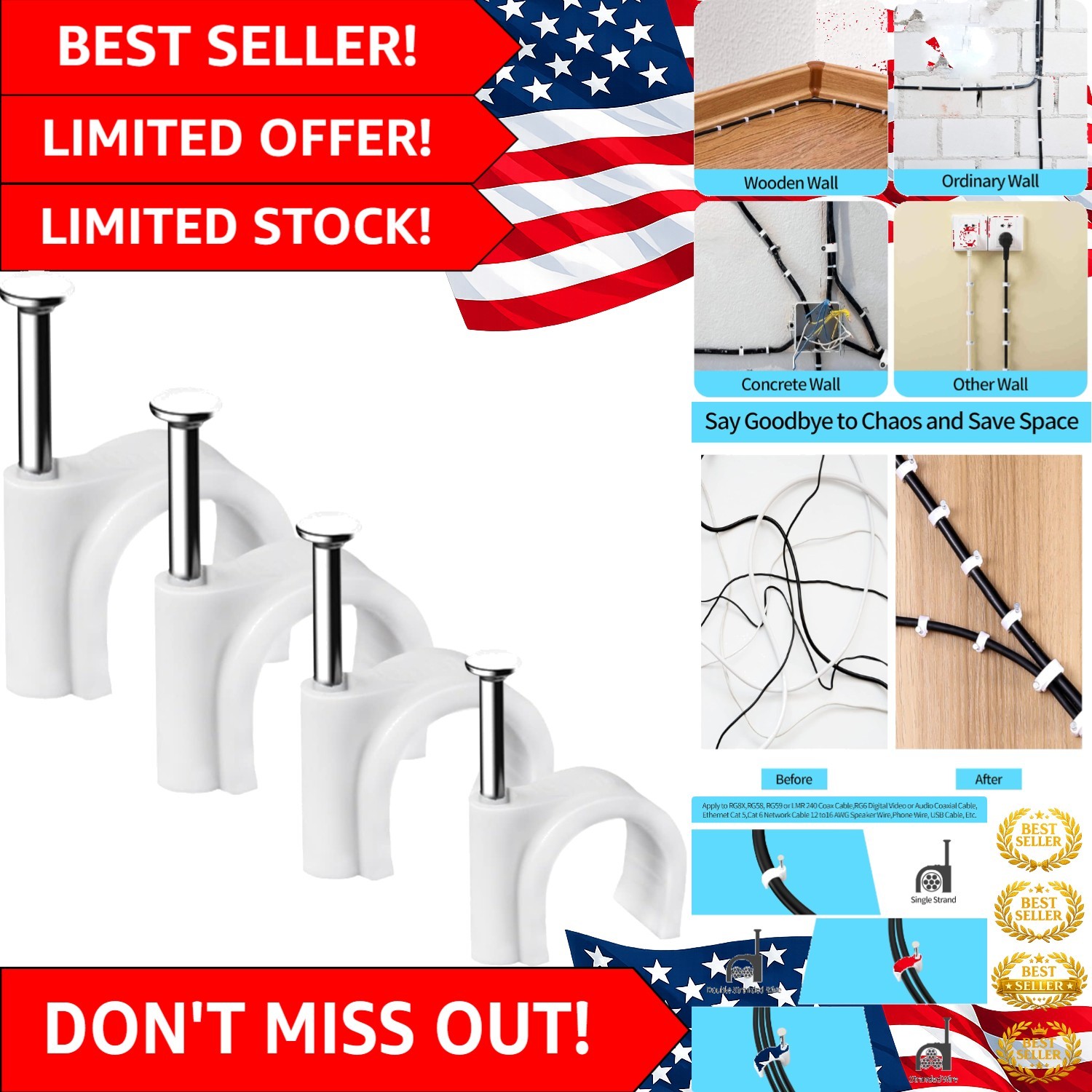 Compact 400-Piece Cable Clips in 4 Sizes - Neat and Safe Wiring Solution