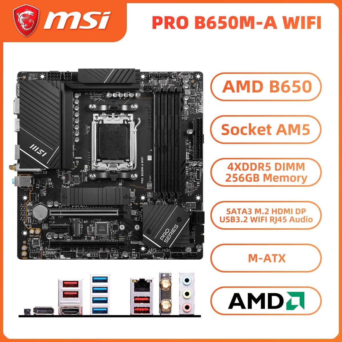 MSI PRO B650M-A WIFI Motherboard M-ATX AMD B650 AM5 DDR5 SATA3 HDMI DP M.2 WIFI