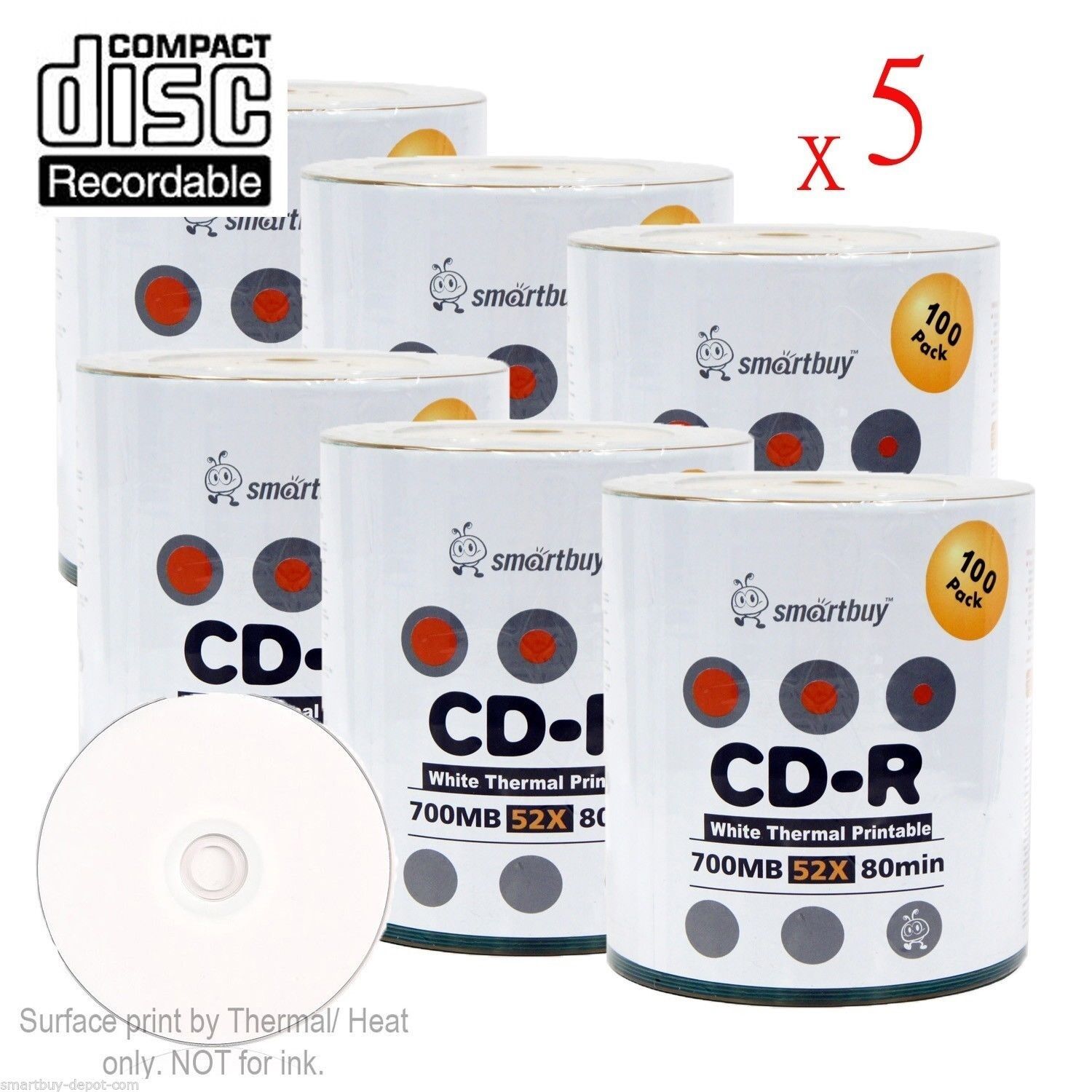 3000-Pack SmartBuy CD-R 52X 700MB/80Min White Thermal Hub Printable Record Disc