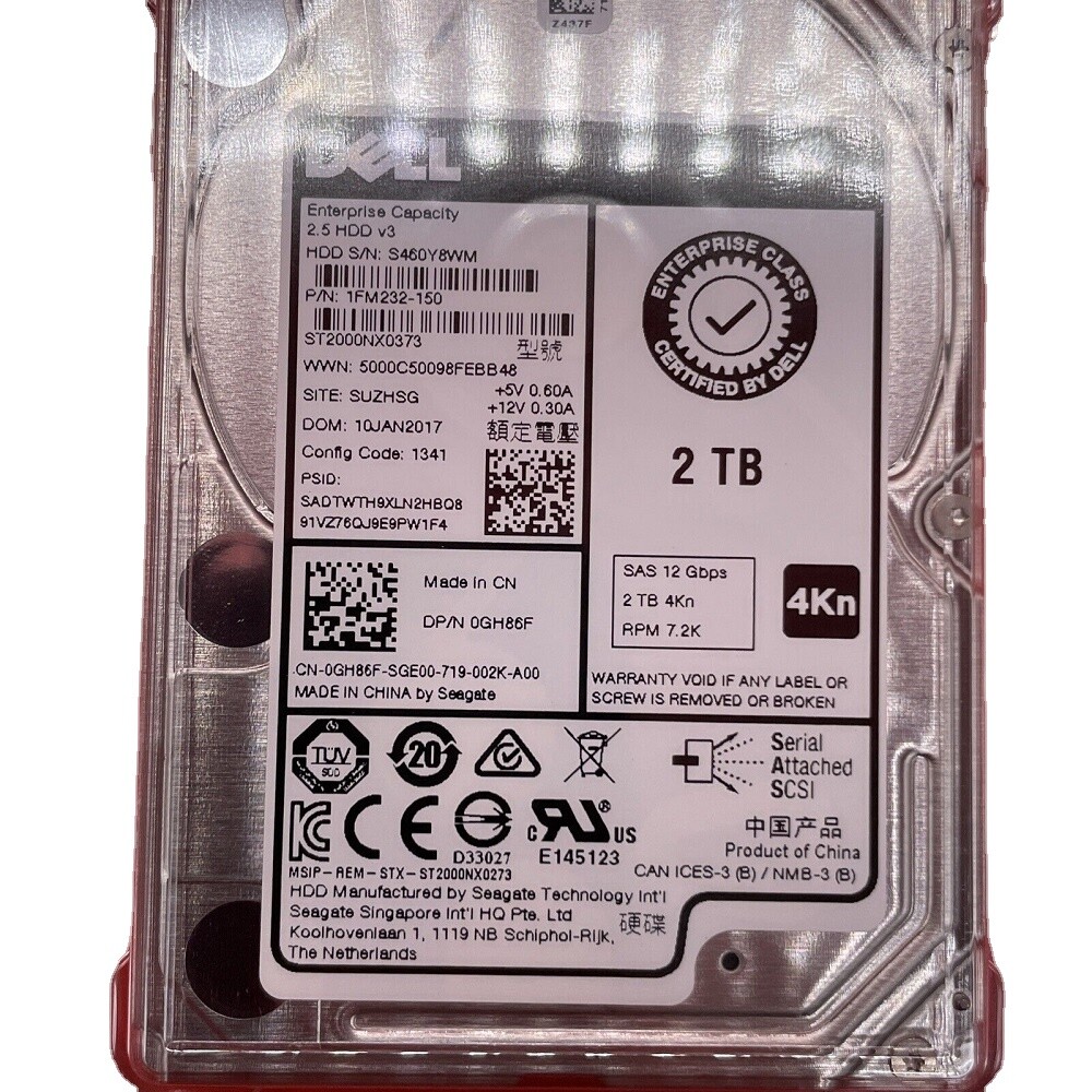 Dell Enterprise GH86F / Seagate ST2000NX0373 2TB 2.5" 12Gbps 7200RPM 4Kn SAS HDD