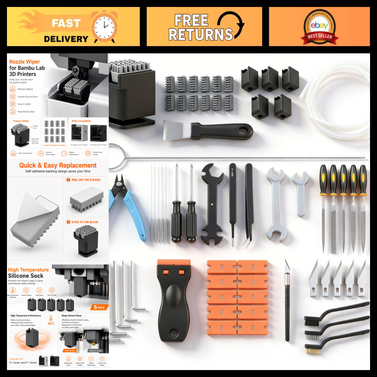64PCS 3D Printer Tools Kit for Bambu Lab P1S P1P X1 X1C X1E - Essential Accessor