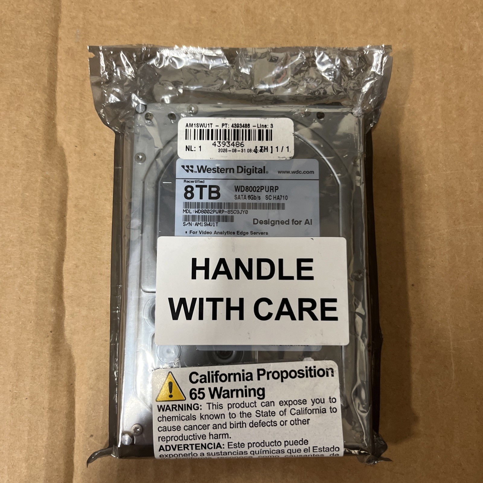 WD Purple Pro 8TB WD8002PURP 3.5" SATA HDD Recertified Sealed - AI Surveillance