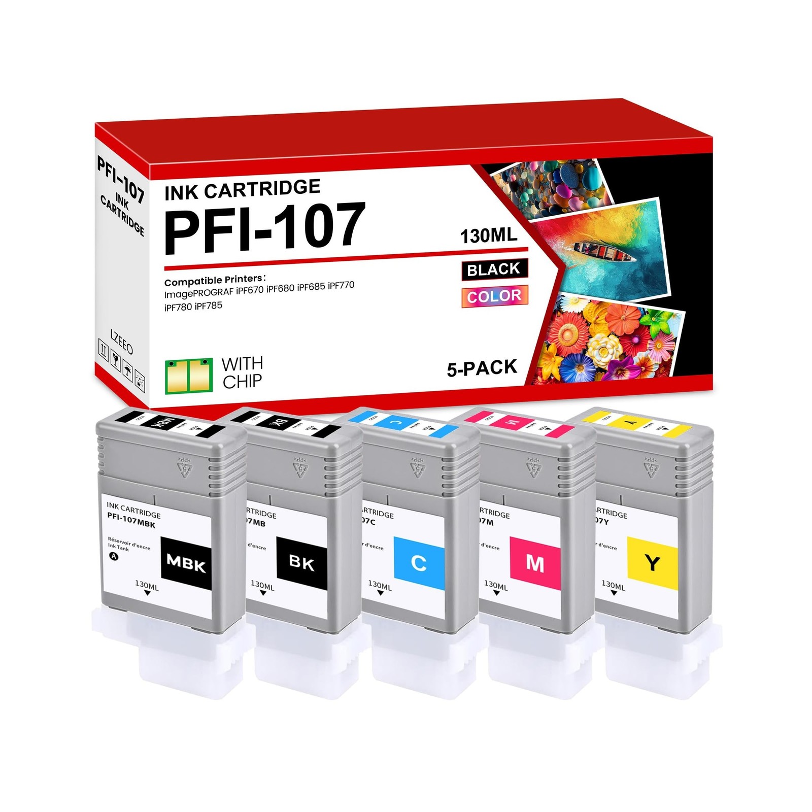 PFI107 PFI-107 Ink Tank Bundle (130ml) 5-Colors PFI-107MBK PFI-107BK PFI-107C...