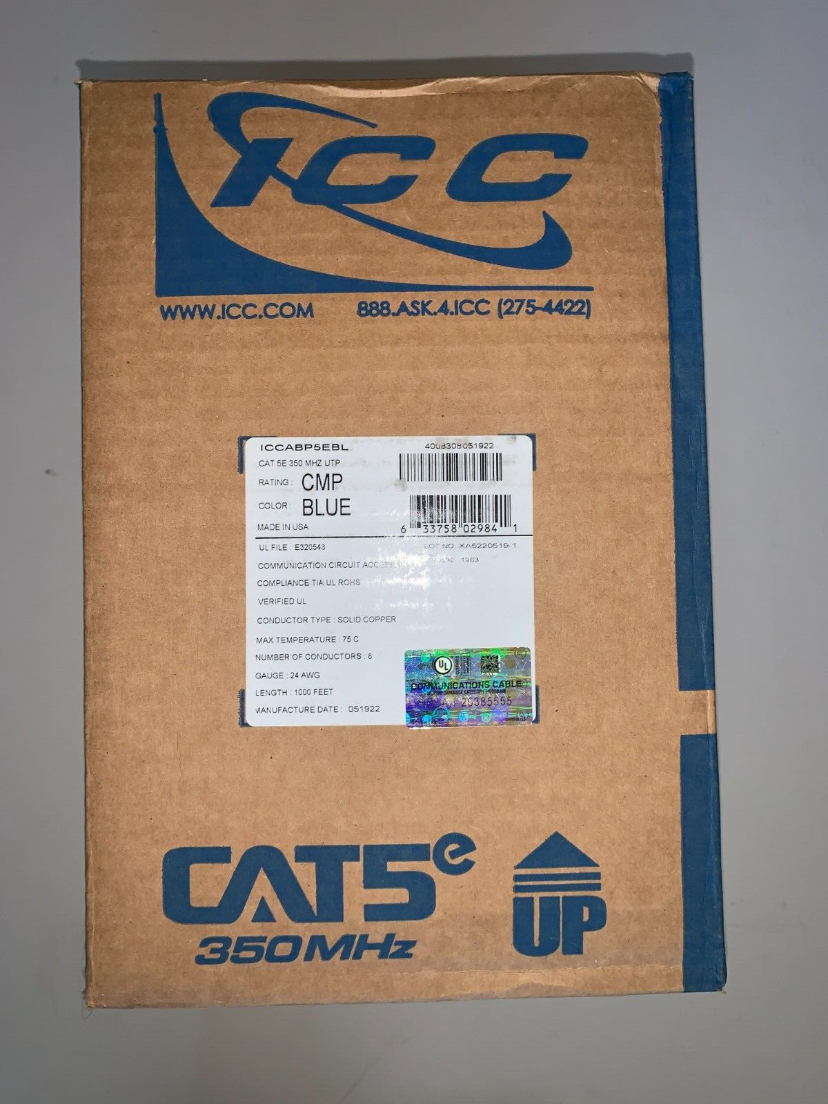 LOT OF 2 BOXES NEW ICC CAT5E CMP PLENUM CABLE, BLUE ***NEW PRICE***