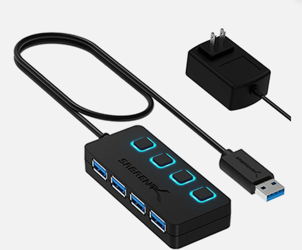 SABRENT 4 Port USB 3.0 Hub with Individual LED Lit Power 4-port, Black