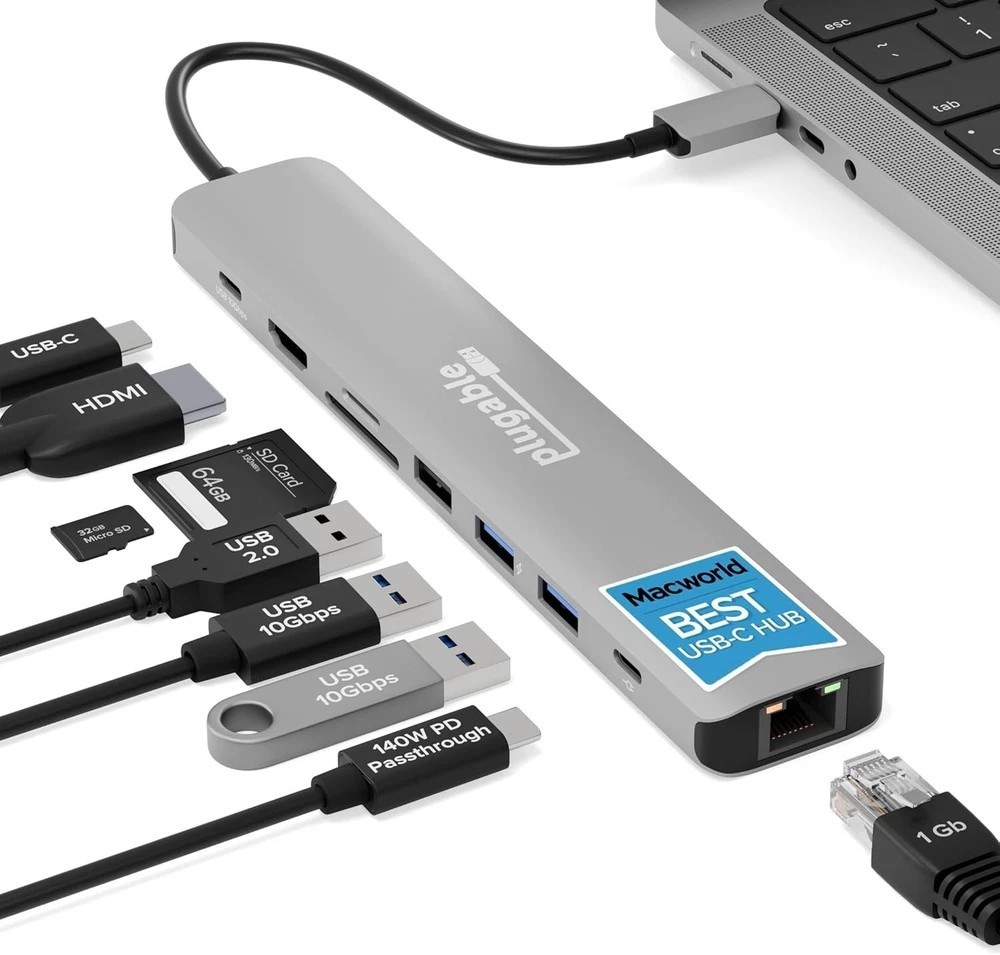 Plugable USB C Hub Multiport Adapter (9-in-1) 140W Power Delivery Charging, 4...
