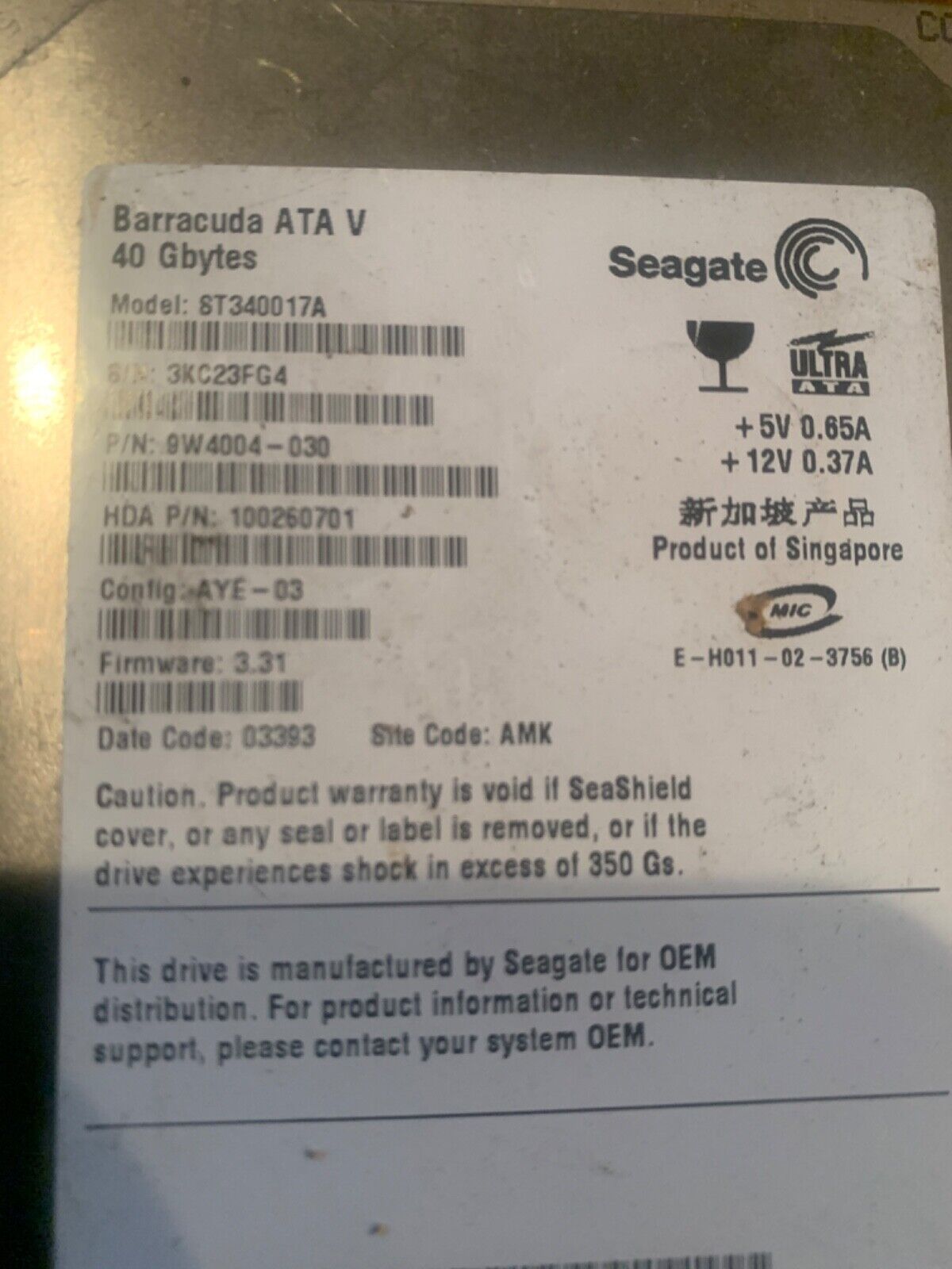 Hard Drive 40 GB IDE Seagate Barracuda ATA IV ST340017A 3.5