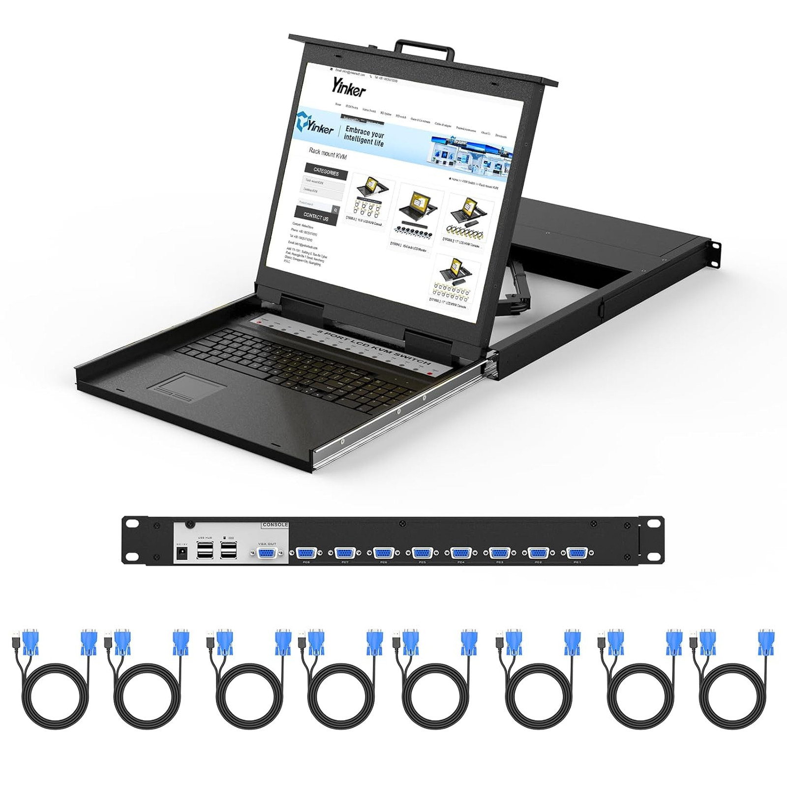 Rack Mount KVM w/19 LCD Monitor, 8 Port VGA LCD KVM Switch 1280x1024@60Hz for 1U