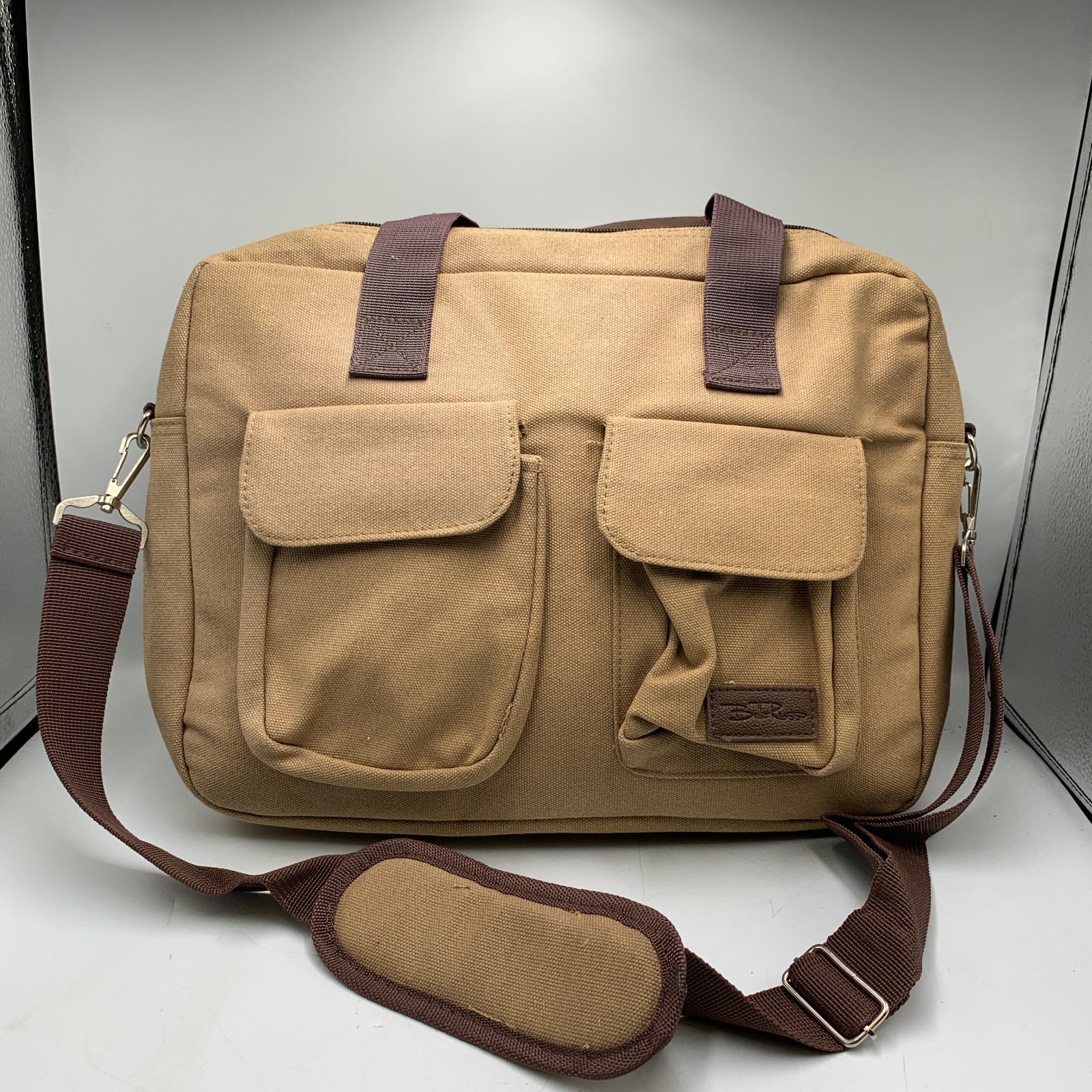 Bella Russo Messenger Bag Brown Adjustable Strap Flap Pockets Laptop Travel Work