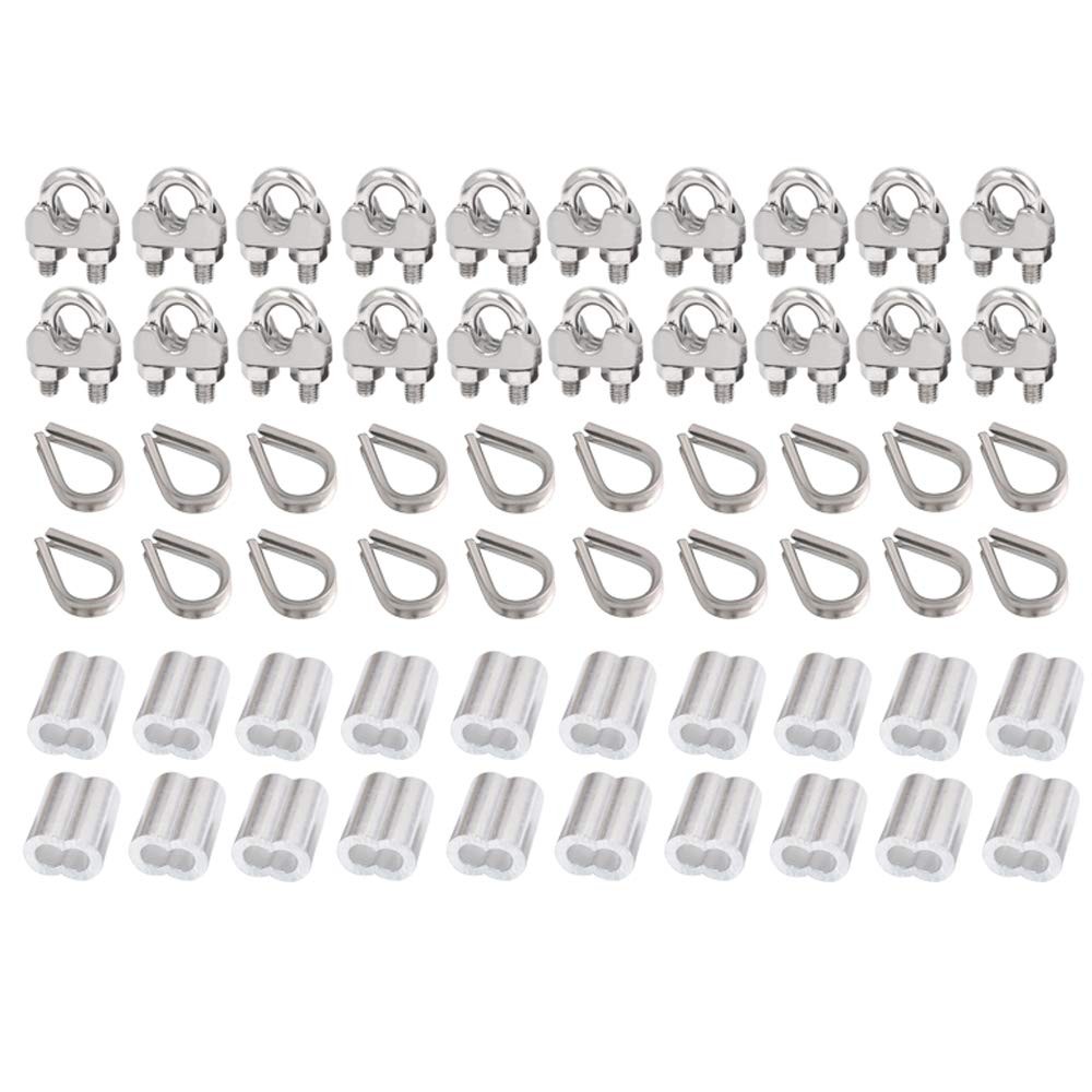60Pcs M3 1/8 Inch Stainless Steel Wire Rope Cable Clip Clamp Thimble Sleeve