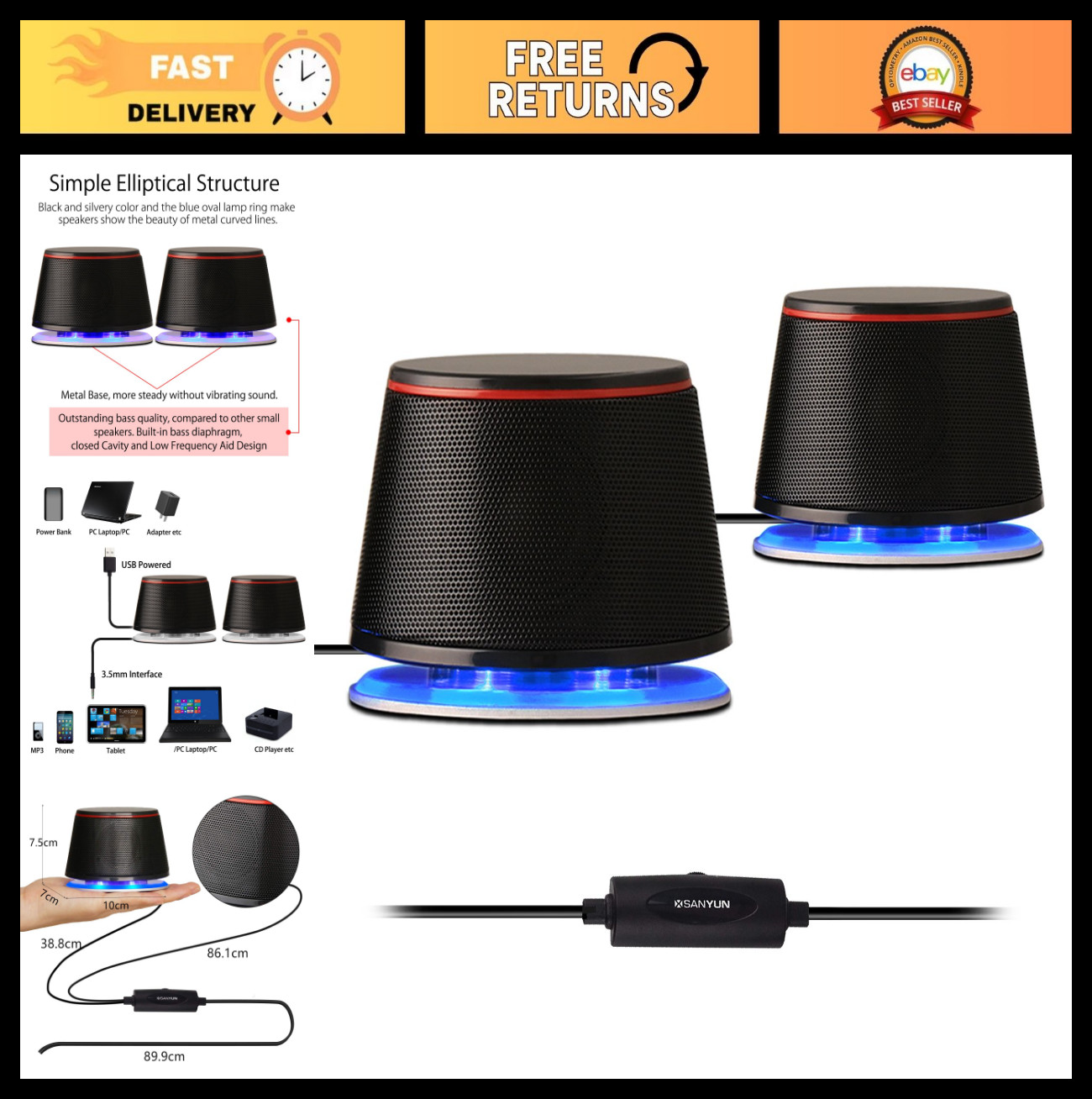 Compact Stereo USB Powered Speakers, 5W x 2, Deep Bass, 3.5mm Aux, Multimedia So