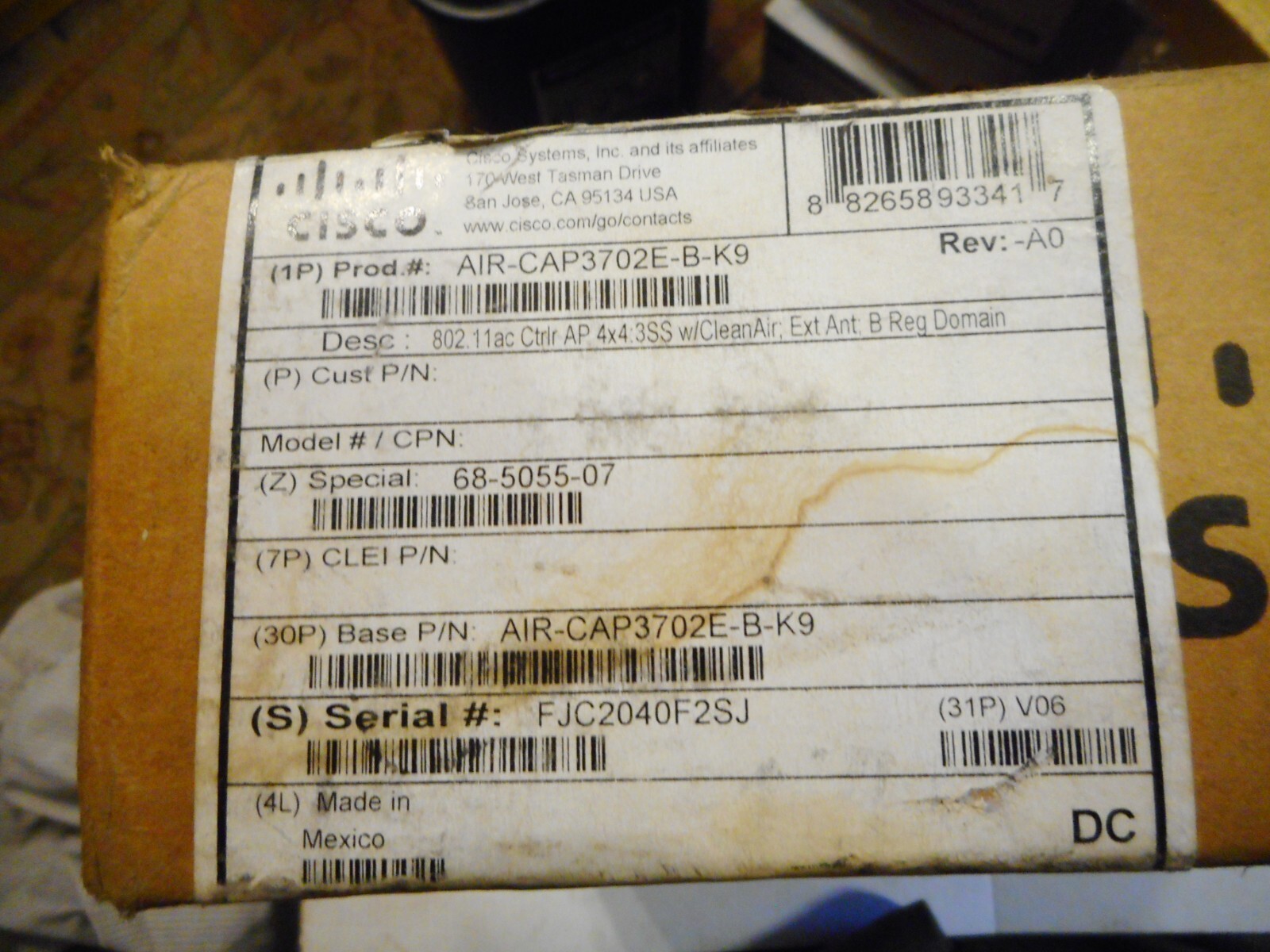 CISCO AIR-CAP-3702E--B-K9 802.11AC Ctrlr AP 4X4.3SS W/CLEAN AIR,EXT ANT,B REG DO