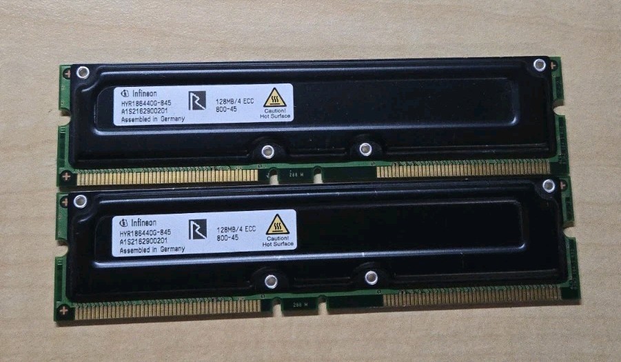 Lot of 2 Infineon 128MB PC800 ECC RDRAM RIMM RAM HYR186440G-845 256MB RAMBUS