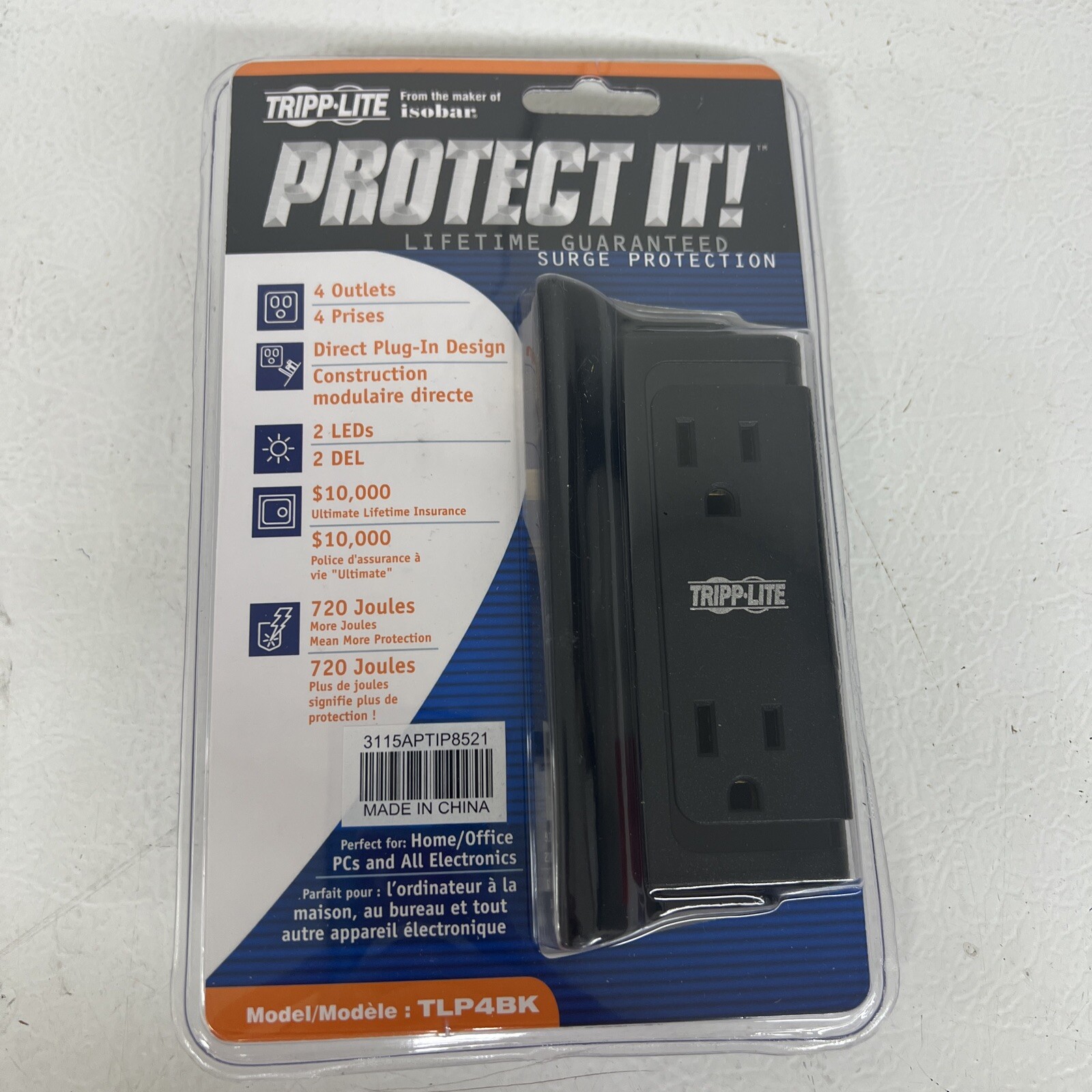 Tripp Lite 4 Outlet 720 Joules Wallmount Direct Plug In Surge Protector - Black