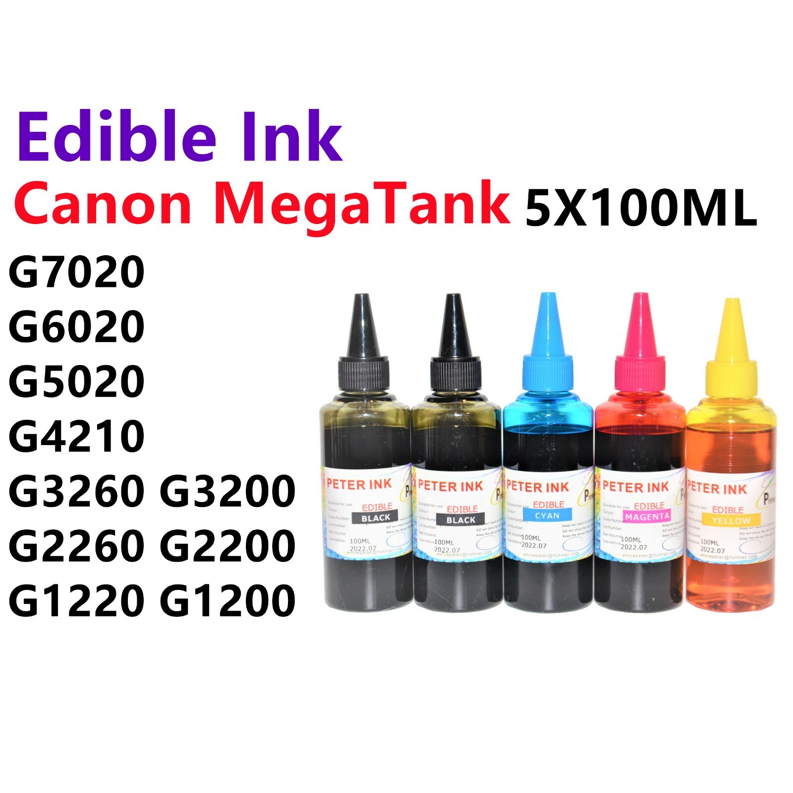 5X100ML(2XBK) Edible refill Ink alternative for Canon PIXMA MegaTank Printer A